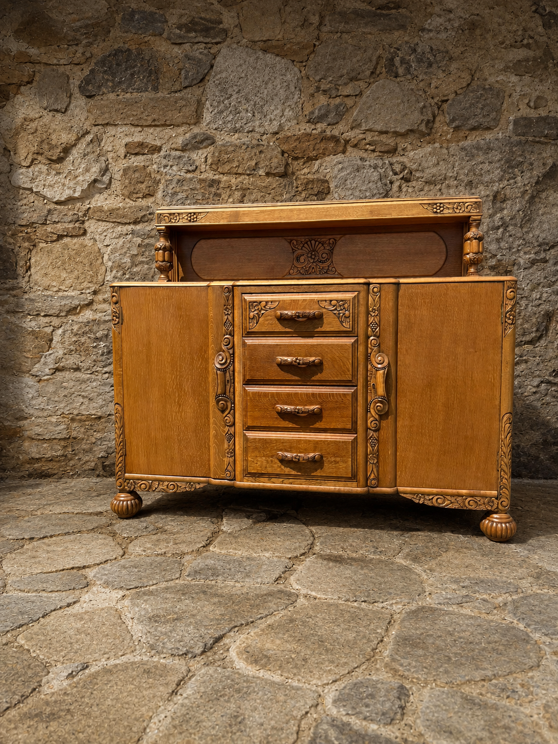 Antique Carved Oak Art Deco Sideboard c1930