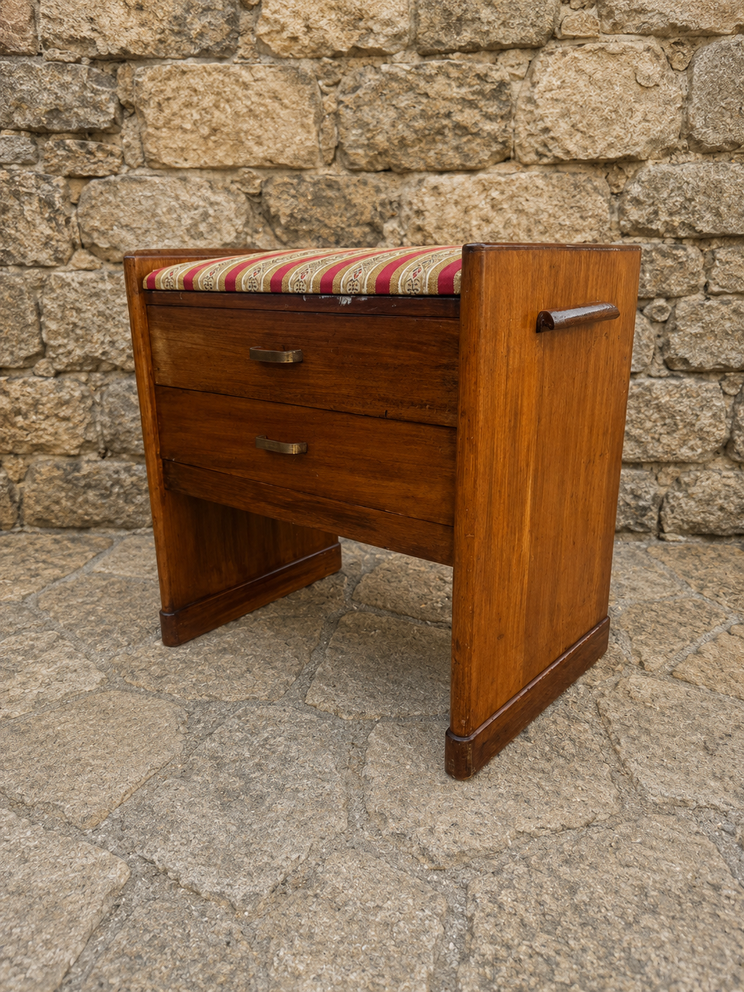 Mid Century Teak Sewing Cabinet Stool – Vintage Storage Seat with Drawers & Pull-Out Shelf