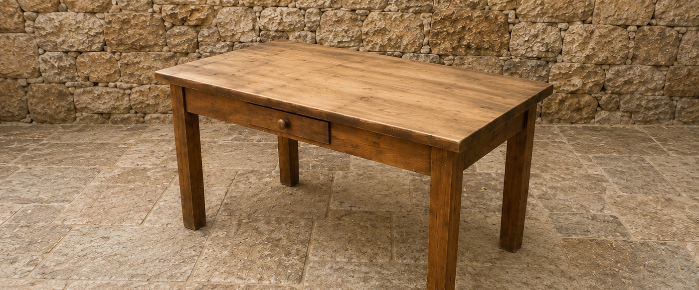 Rustic Farmhouse Pine Dining Table – Vintage Country Kitchen Table With Drawer