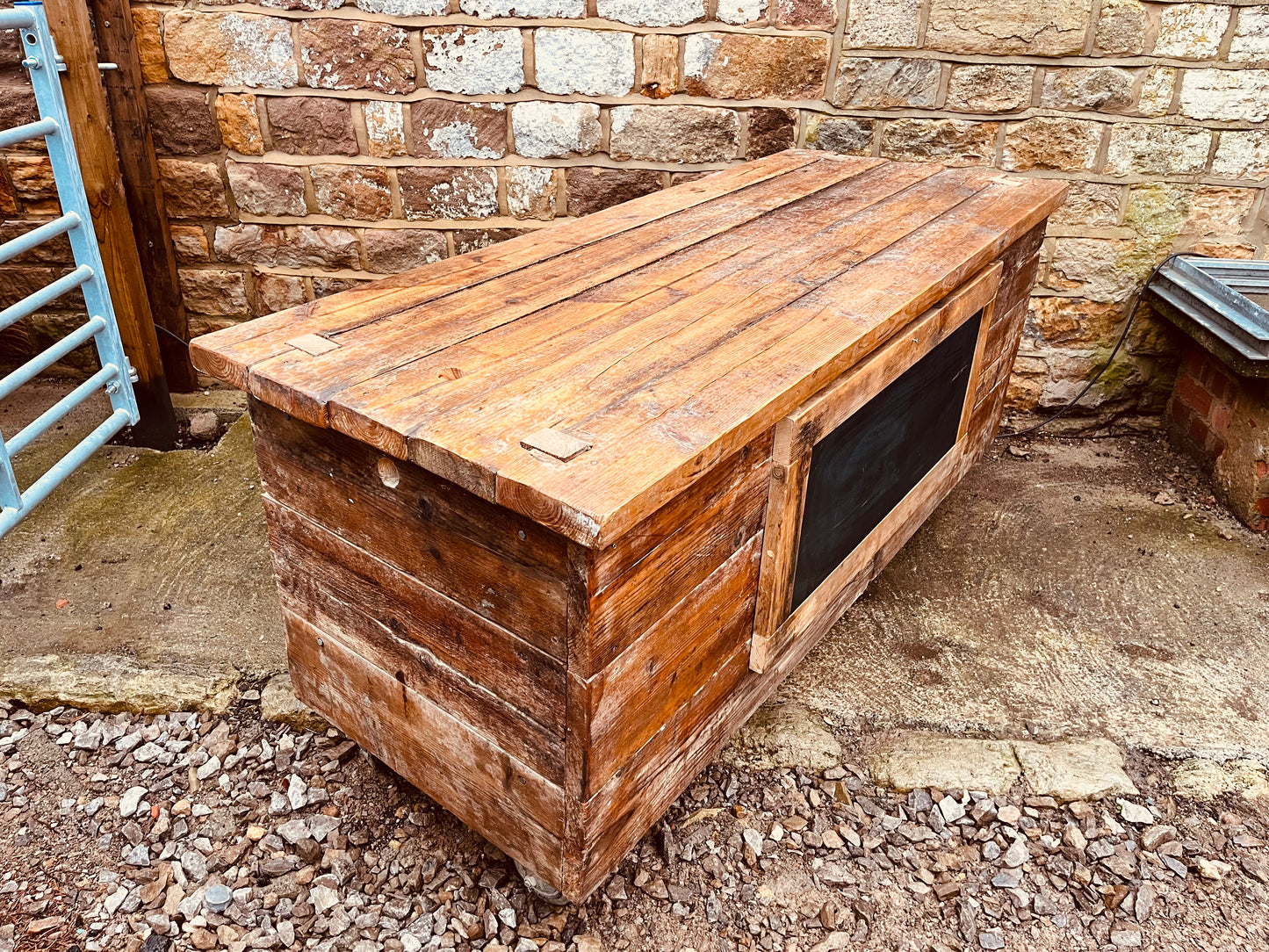 Handmade Reclaimed Wood Kitchen Island on Castors – Rustic Farmhouse Prep Table