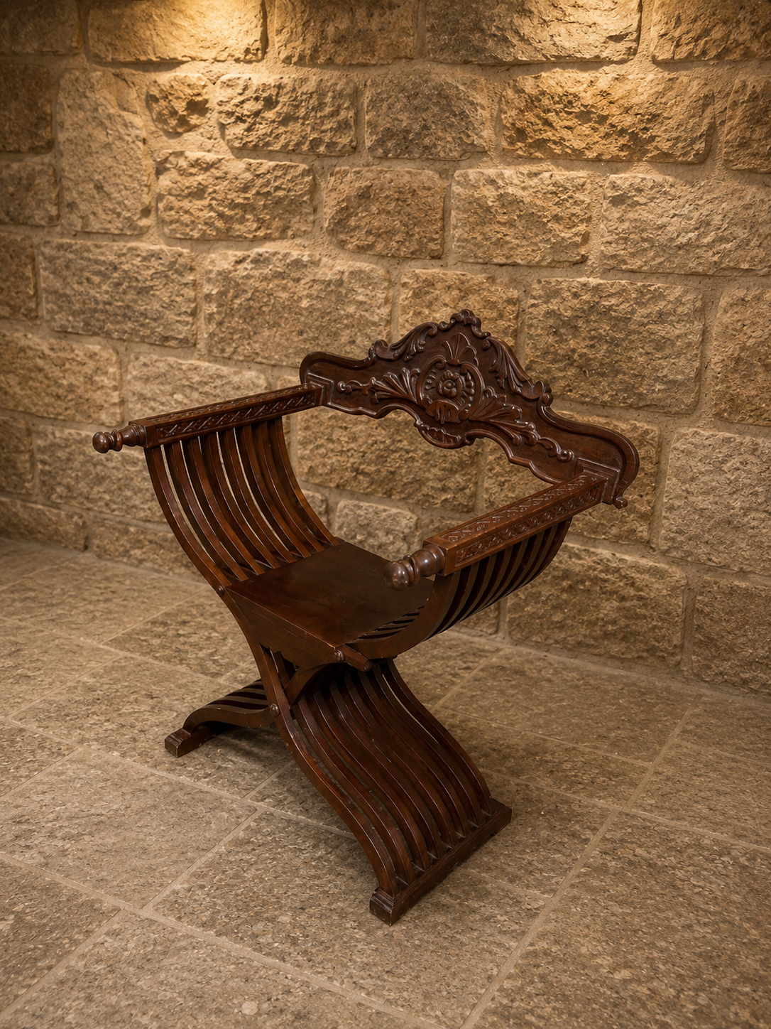 Vintage Savonarola Chair | Italian Renaissance Style X-Frame Accent Chair | Carved Wooden Hall Chair