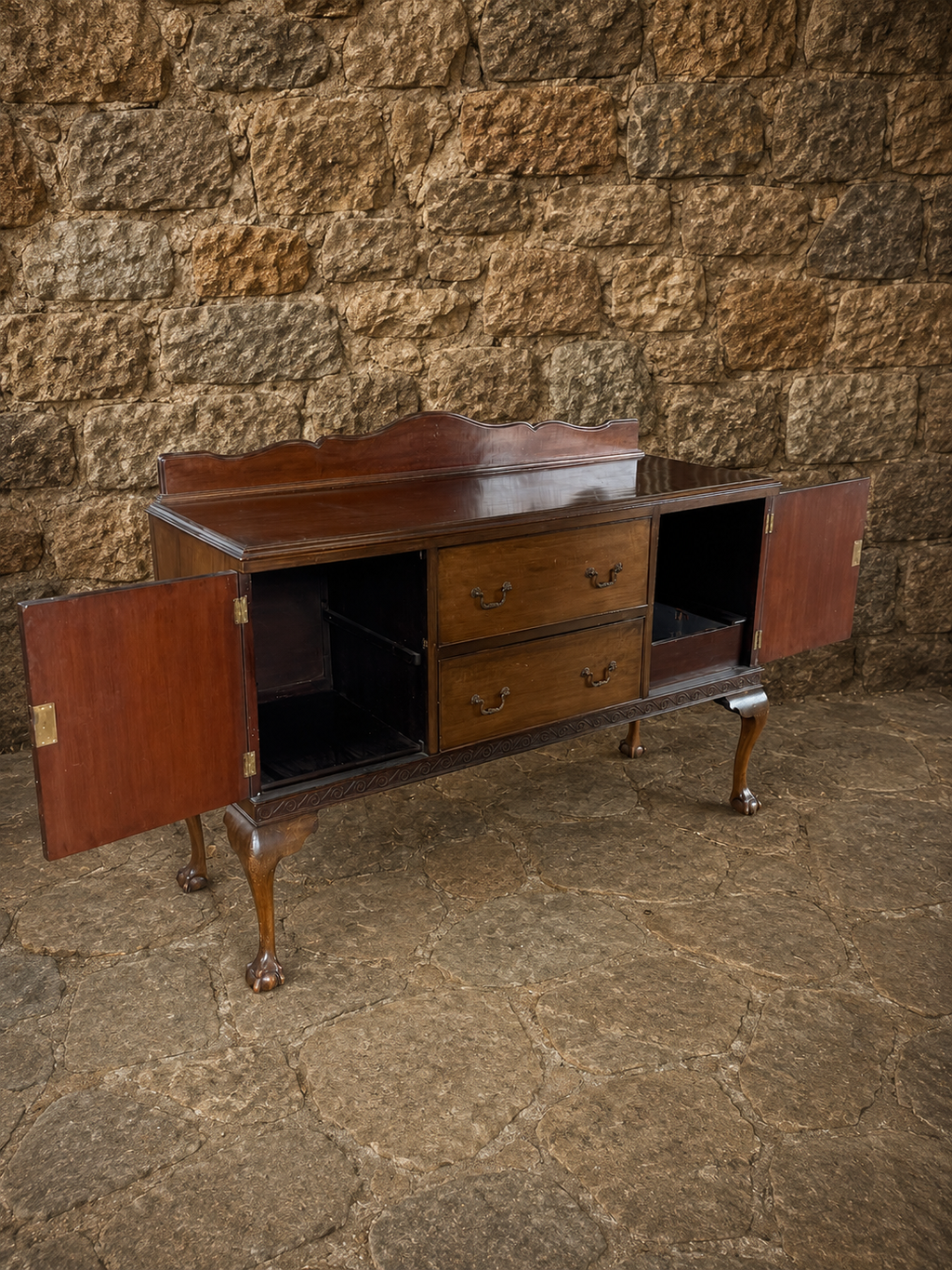 Antique Georgian Revival Mahogany Sideboard – Flame Mahogany Serving Cabinet
