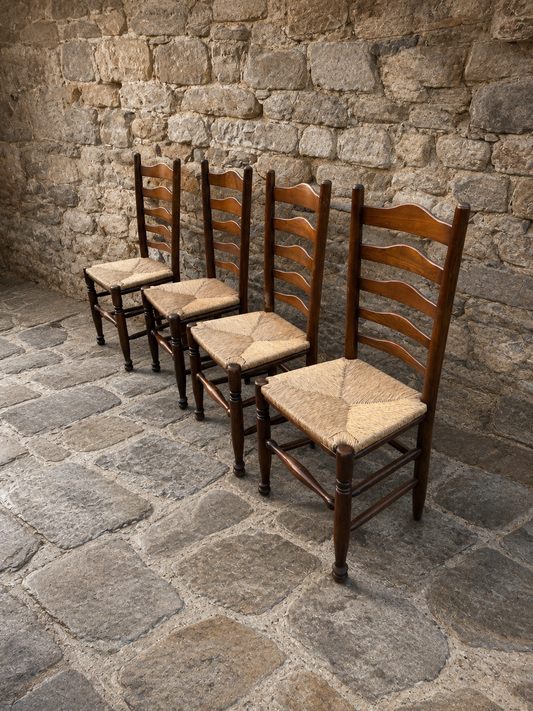 Set of 4 French Country Oak Ladder Back Dining Chairs