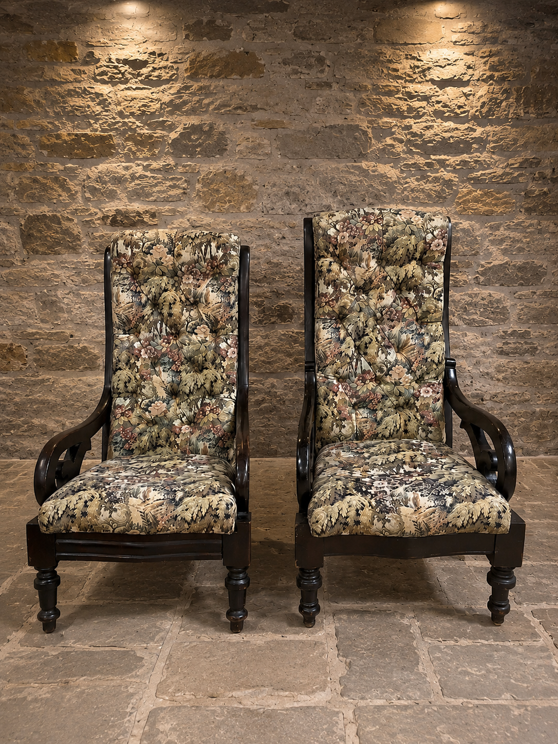 Pair of Antique Victorian Deep Buttoned Scroll Arm Fireside Armchairs | English Country House Chairs | c.1895–1915
