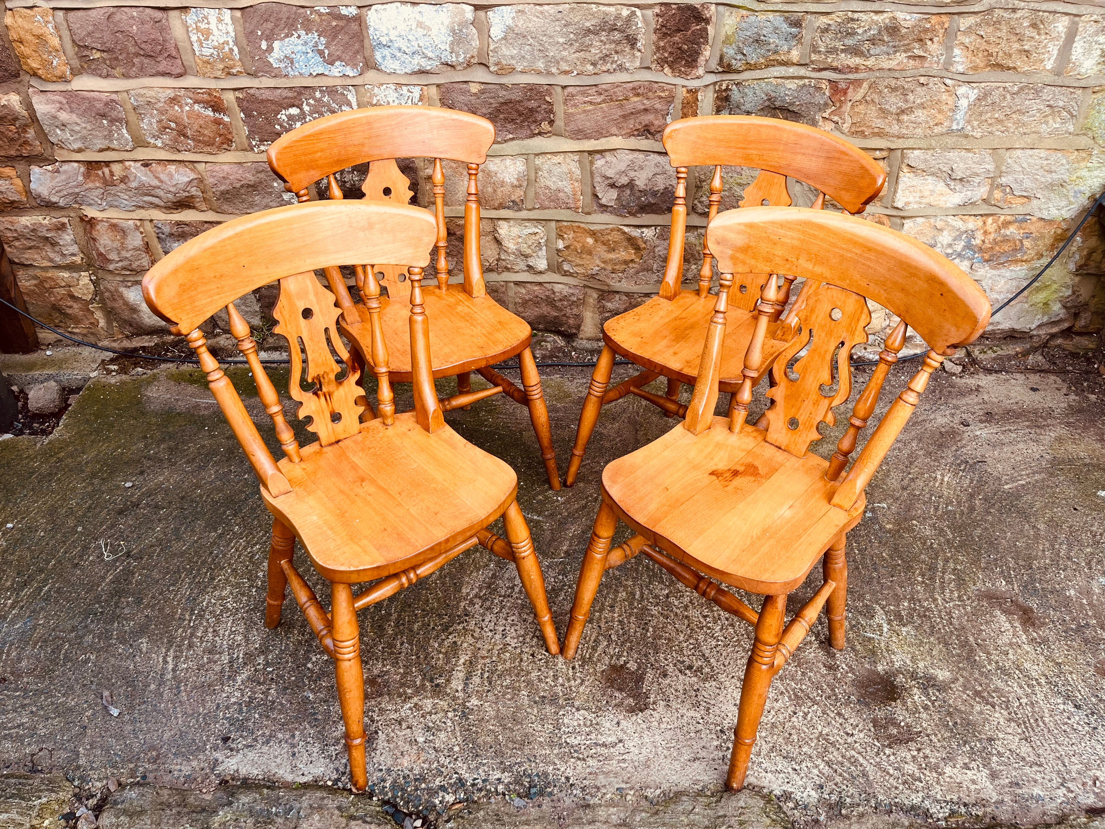 Set of Four Vintage Solid Oak Dining Chairs with Pierced Splat Backs