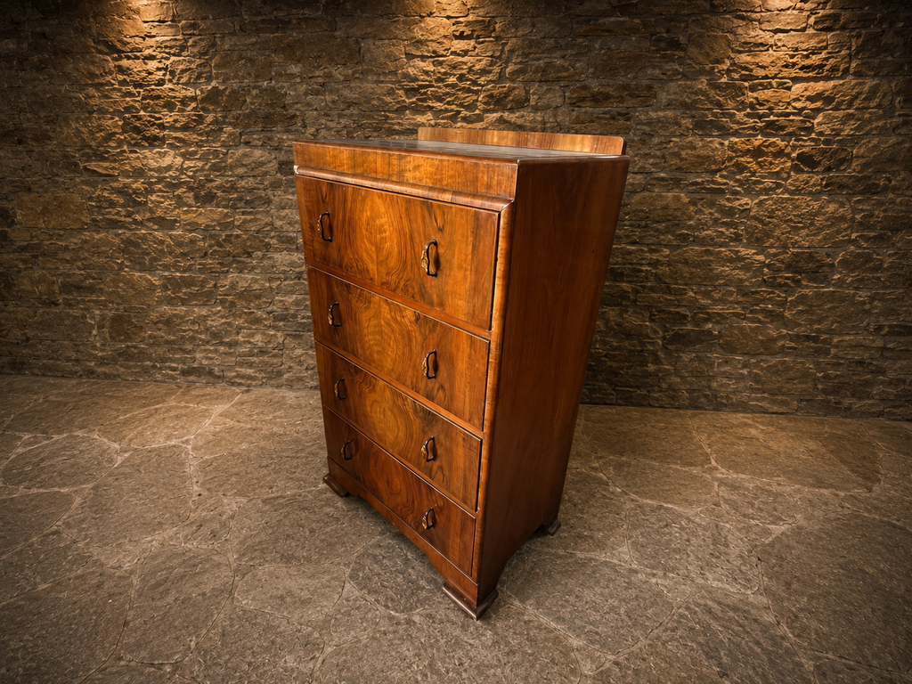 Art Deco Figured Walnut Tallboy Chest of Drawers | 1930s English Walnut Bedroom Chest | Antique Walnut Chest | Vintage Art Deco Furniture