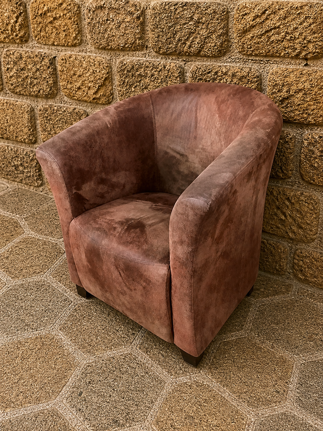 Brown Suede Tub Chair – Distressed Effect Upholstered Accent Armchair