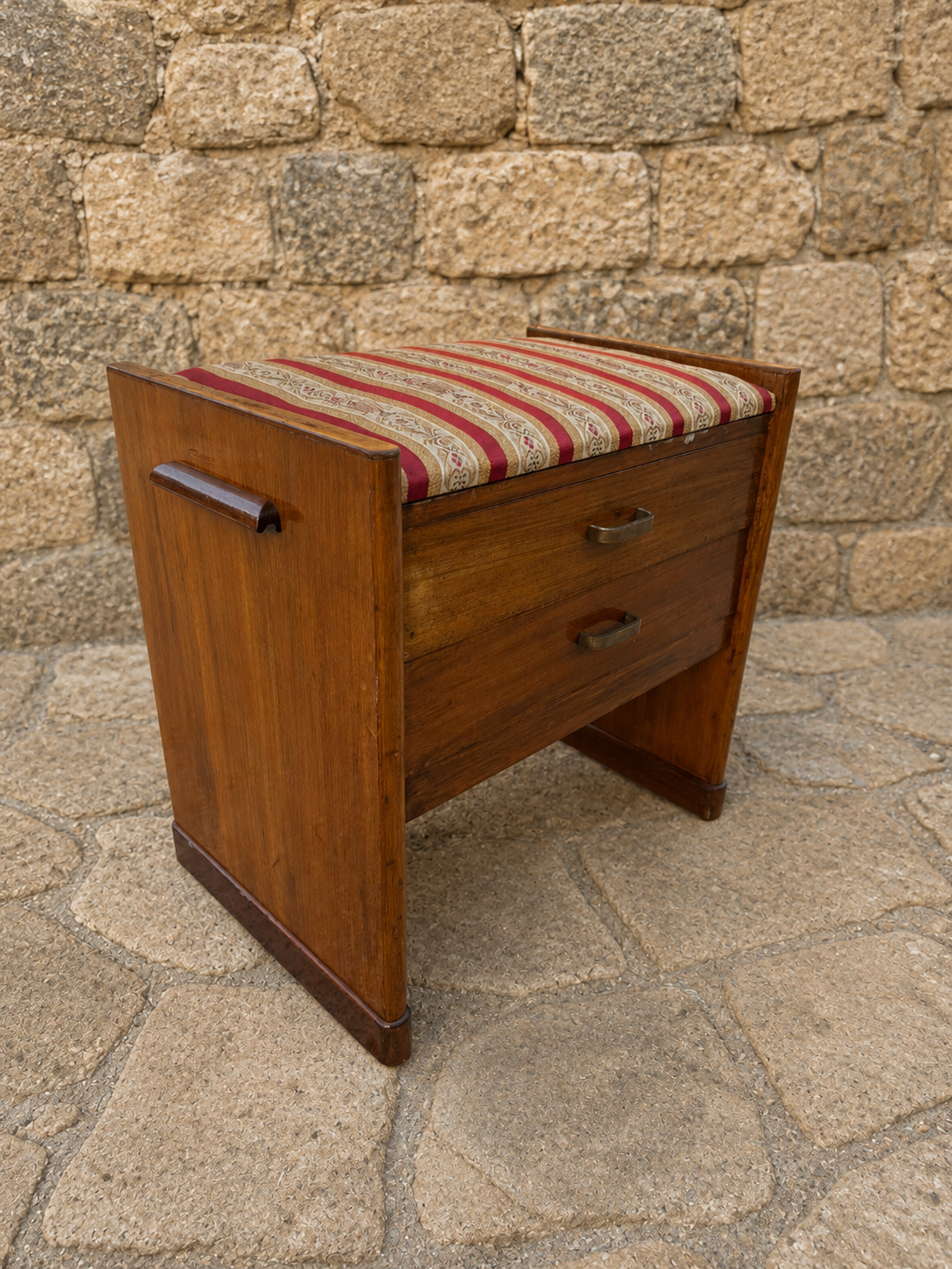 Mid Century Teak Sewing Cabinet Stool – Vintage Storage Seat with Drawers & Pull-Out Shelf
