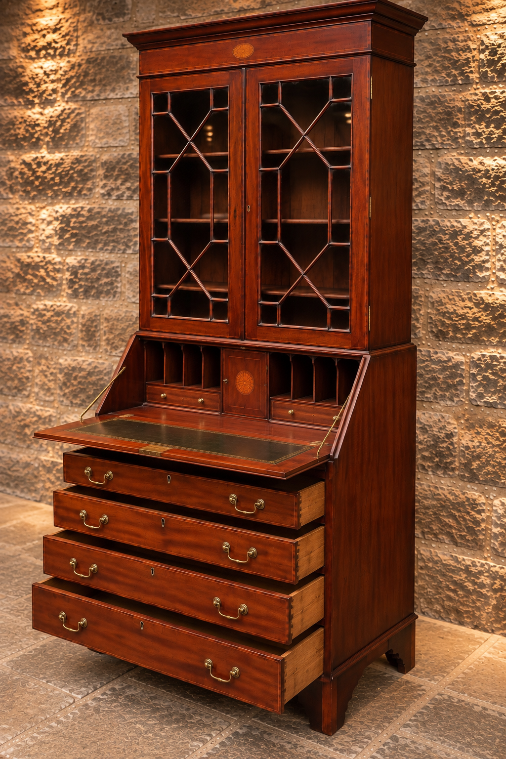 Antique Edwardian Inlaid Mahogany Bureau Bookcase – c.1900