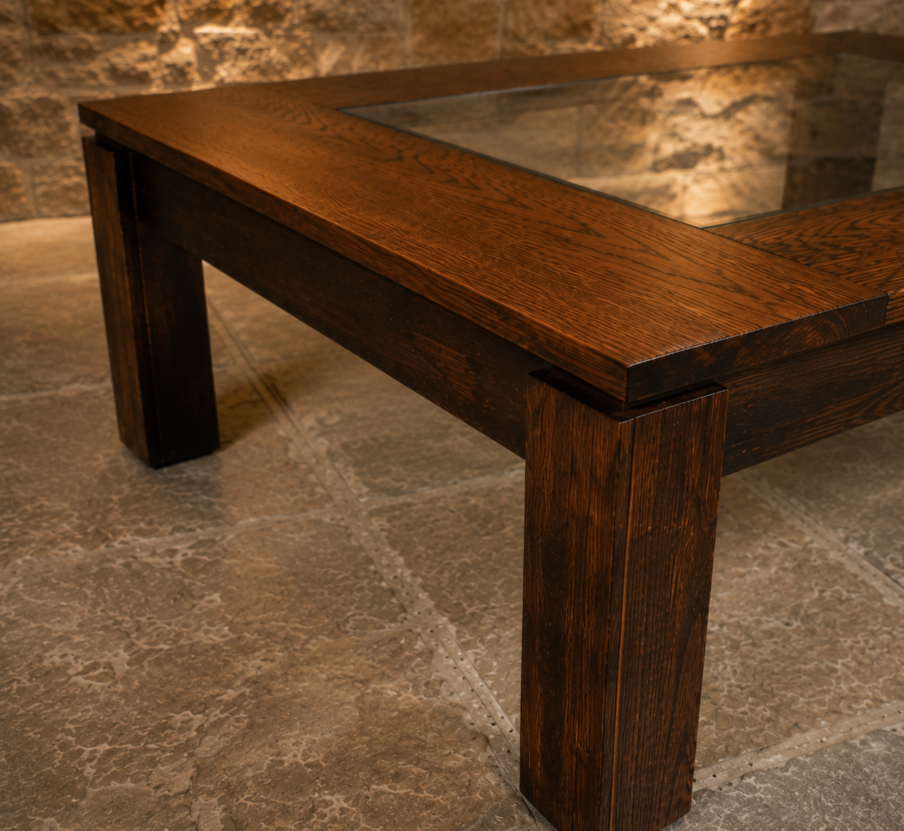 Vintage 1970s Brutalist Oak & Glass Coffee Table – Large 100cm Square