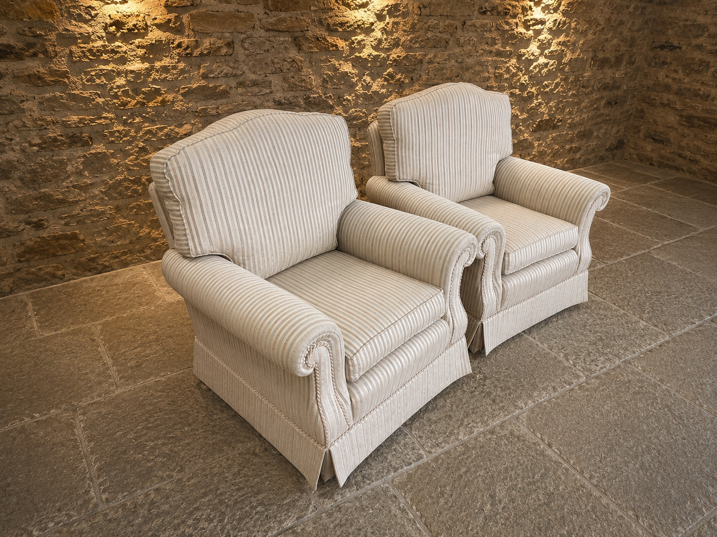 Pair of Traditional English Upholstered Club Armchairs in Neutral Striped Fabric