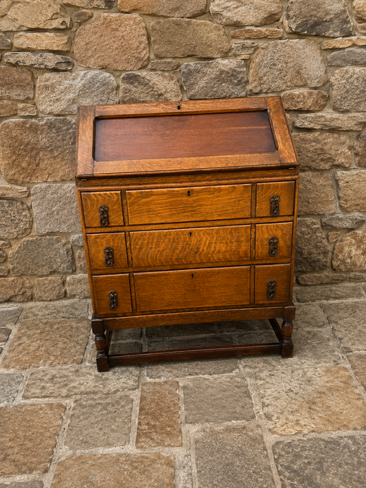Antique Tiger Oak Bureau Desk | Victorian Fall Front Writing Bureau | Edwardian Oak Secretary Desk | Arts & Crafts Bureau