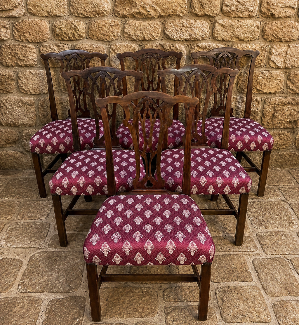Set of 6 Georgian Style Mahogany Dining Chairs with Gothic Pierced Backs