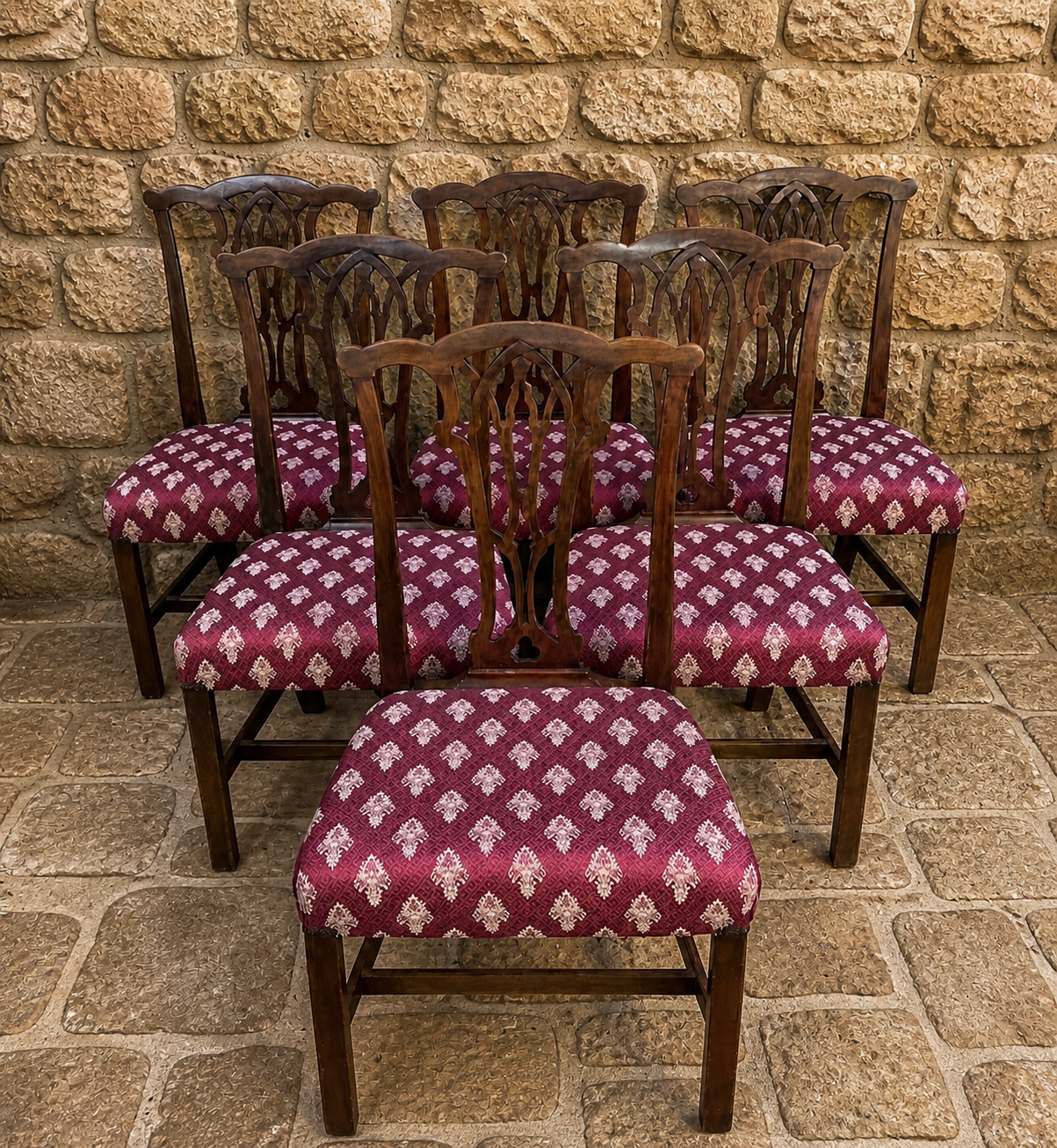 Set of 6 Georgian Style Mahogany Dining Chairs with Gothic Pierced Backs