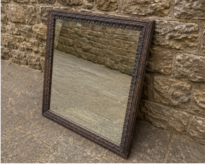 Vintage Hand Carved Wooden Mirror | Rustic Arts & Crafts Wall Mirror c.1920–1940