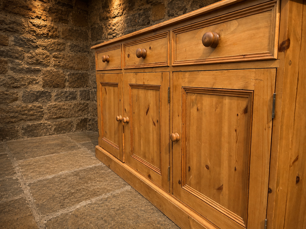 Large Vintage Pine Farmhouse Sideboard – Three Drawer Country Kitchen Storage Cabinet