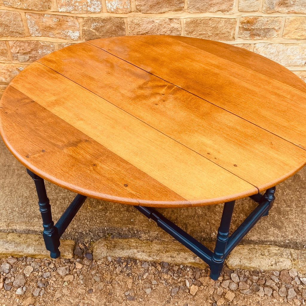 Restored Round Wooden Dining Table with Navy Base