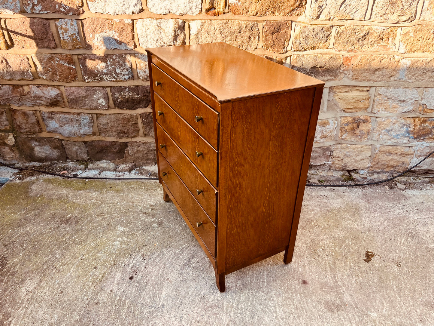 Mid Century Oak Chest of Drawers – Vintage 4 Drawer Dresser – Tiger Oak Veneer Bedroom Storage – 1960s British Furniture