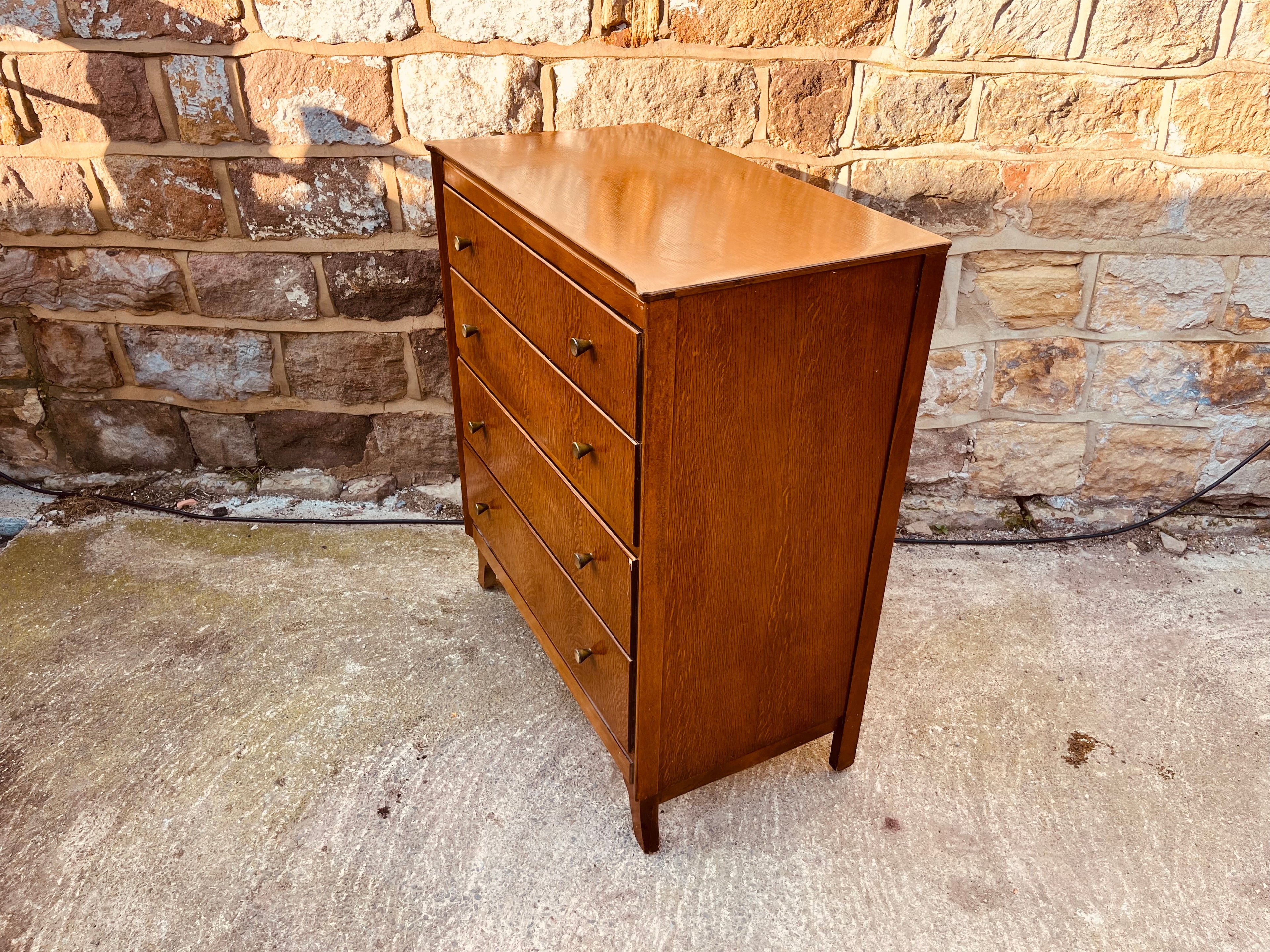 Mid Century Oak Chest of Drawers – Vintage 4 Drawer Dresser – Tiger Oak Veneer Bedroom Storage – 1960s British Furniture