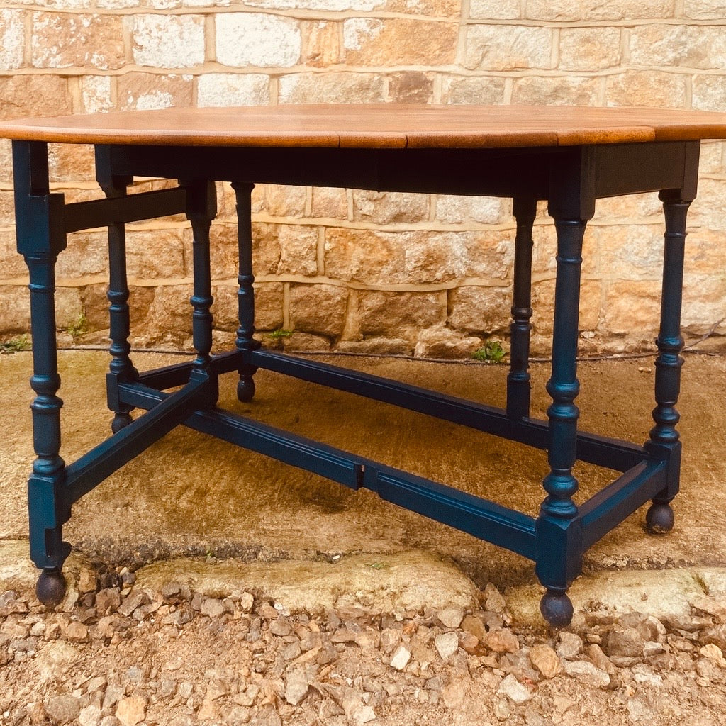 Restored Round Wooden Dining Table with Navy Base