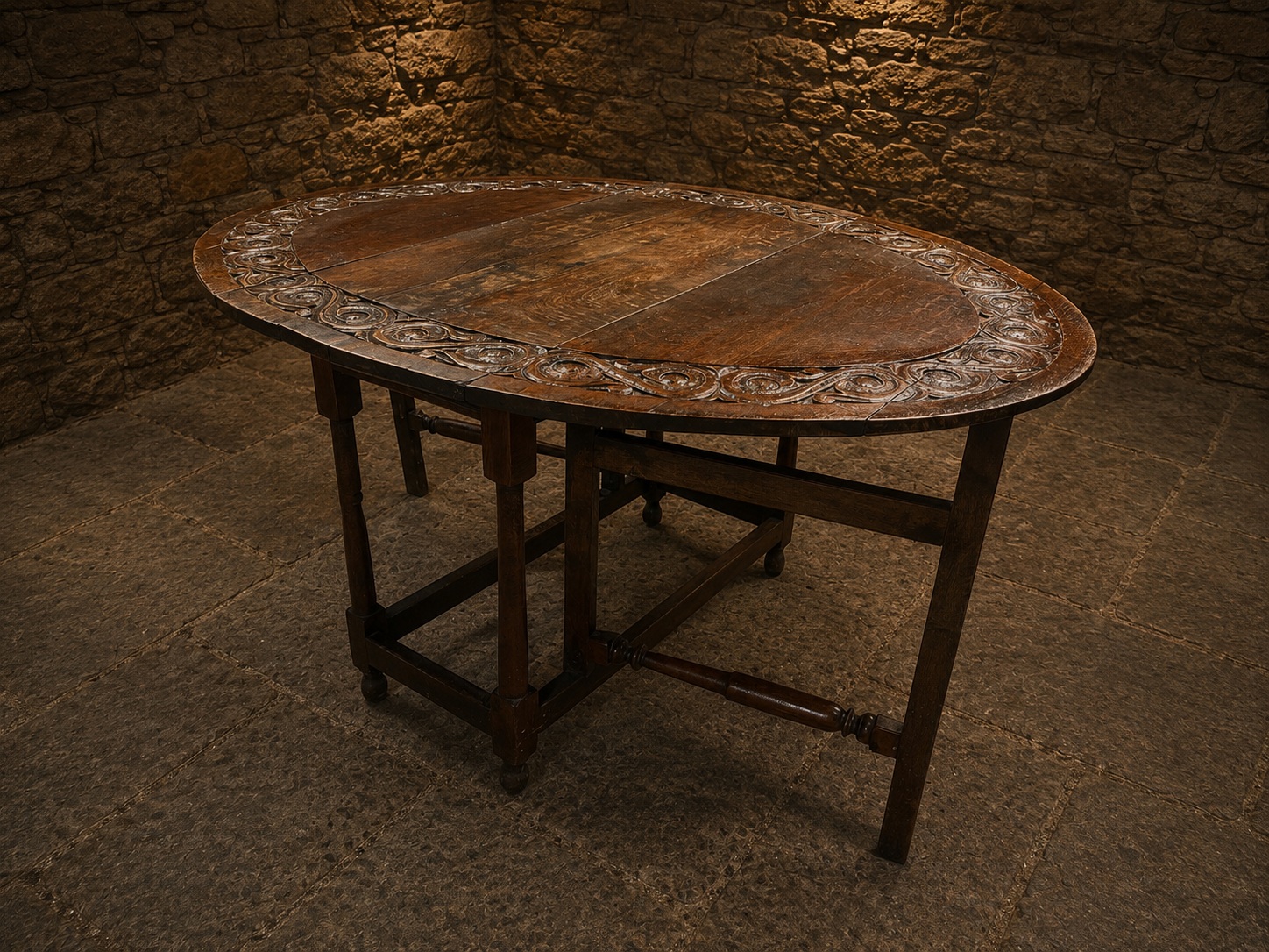 Antique Jacobean Revival Carved Oak Gateleg Dining Table | Solid Oak Drop Leaf Farmhouse Table | Circa 1920–1935