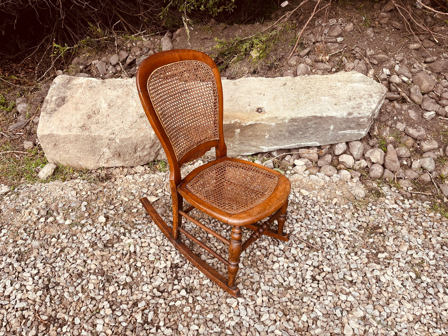 Antique Victorian Cane Rocking Chair – Rustic Wooden Farmhouse Rocker