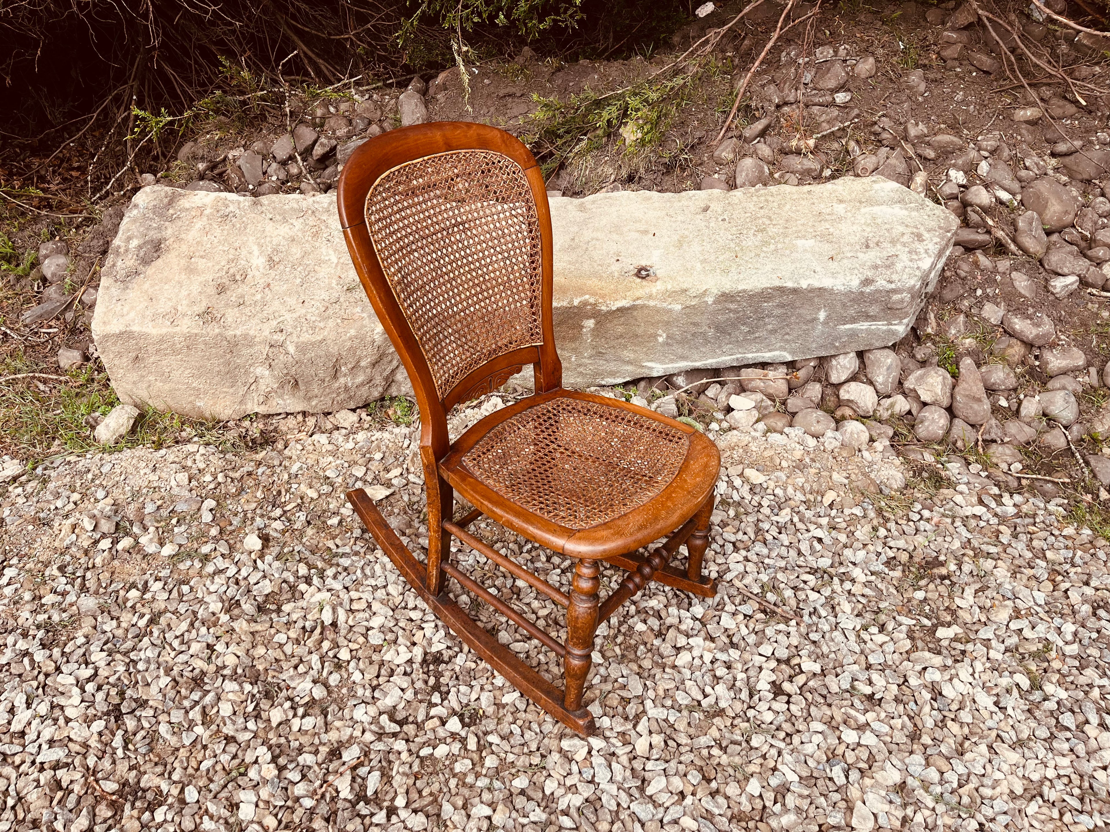 Antique Victorian Cane Rocking Chair – Rustic Wooden Farmhouse Rocker