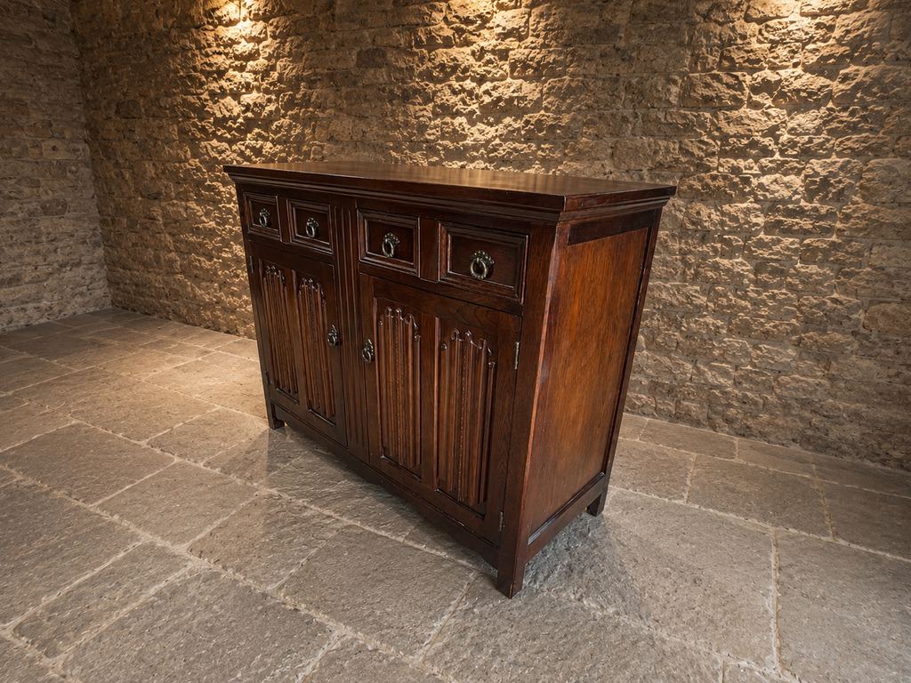 Solid Oak Gothic Revival Sideboard | Vintage English Oak Buffet Cabinet | Rustic Farmhouse Storage Cabinet | Tudor Style Sideboard