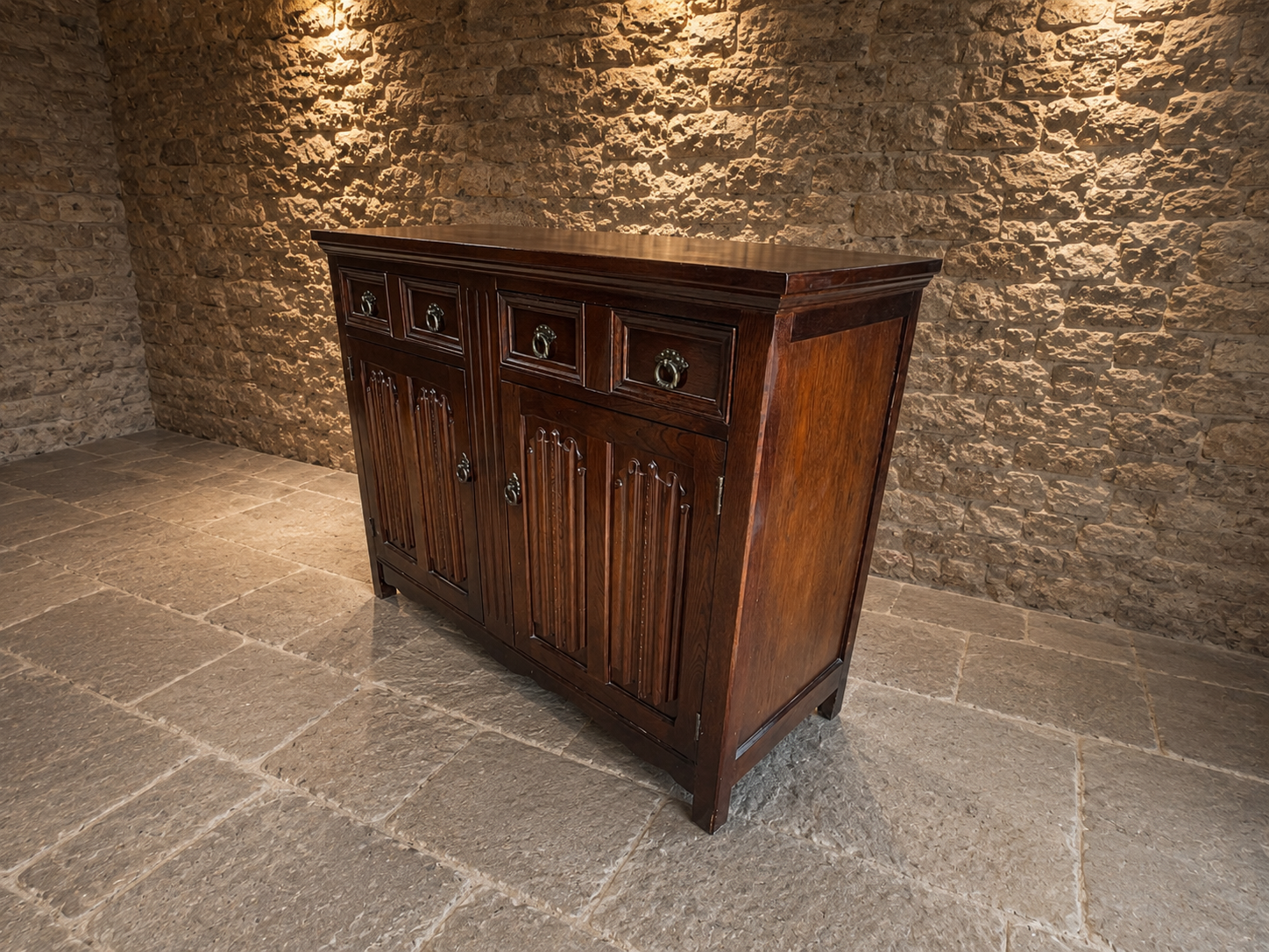 Solid Oak Gothic Revival Sideboard | Vintage English Oak Buffet Cabinet | Rustic Farmhouse Storage Cabinet | Tudor Style Sideboard