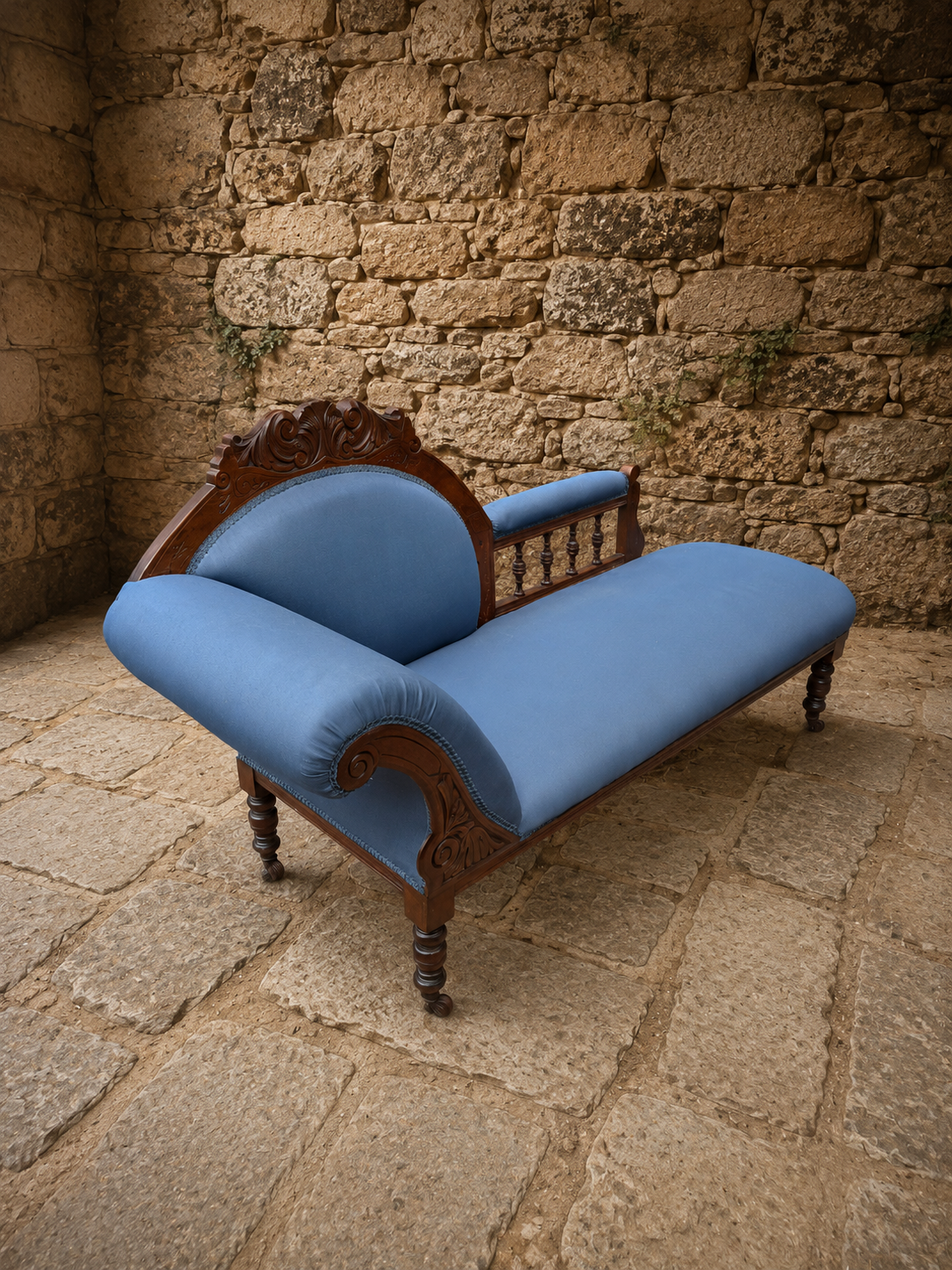 Antique Victorian Walnut Chaise Longue | Carved Walnut Daybed | Victorian Fainting Couch | Upholstered Statement Seating
