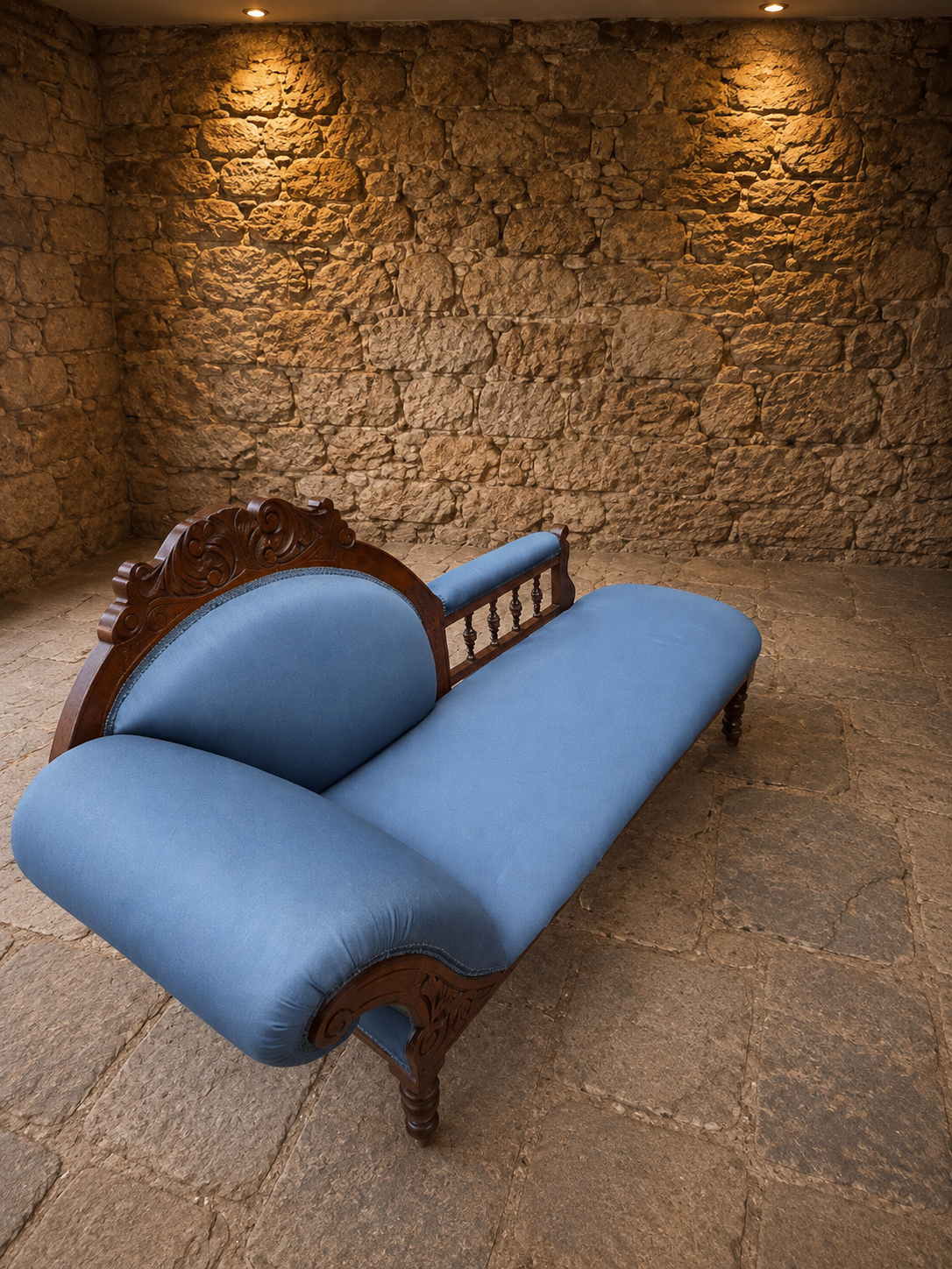 Antique Victorian Carved Walnut Chaise Longue – Circa 1880 – Blue Upholstered Daybed