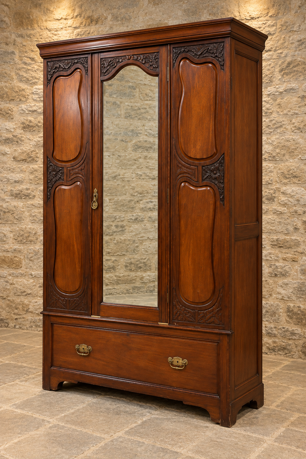 Edwardian carved mahogany mirrored wardrobe