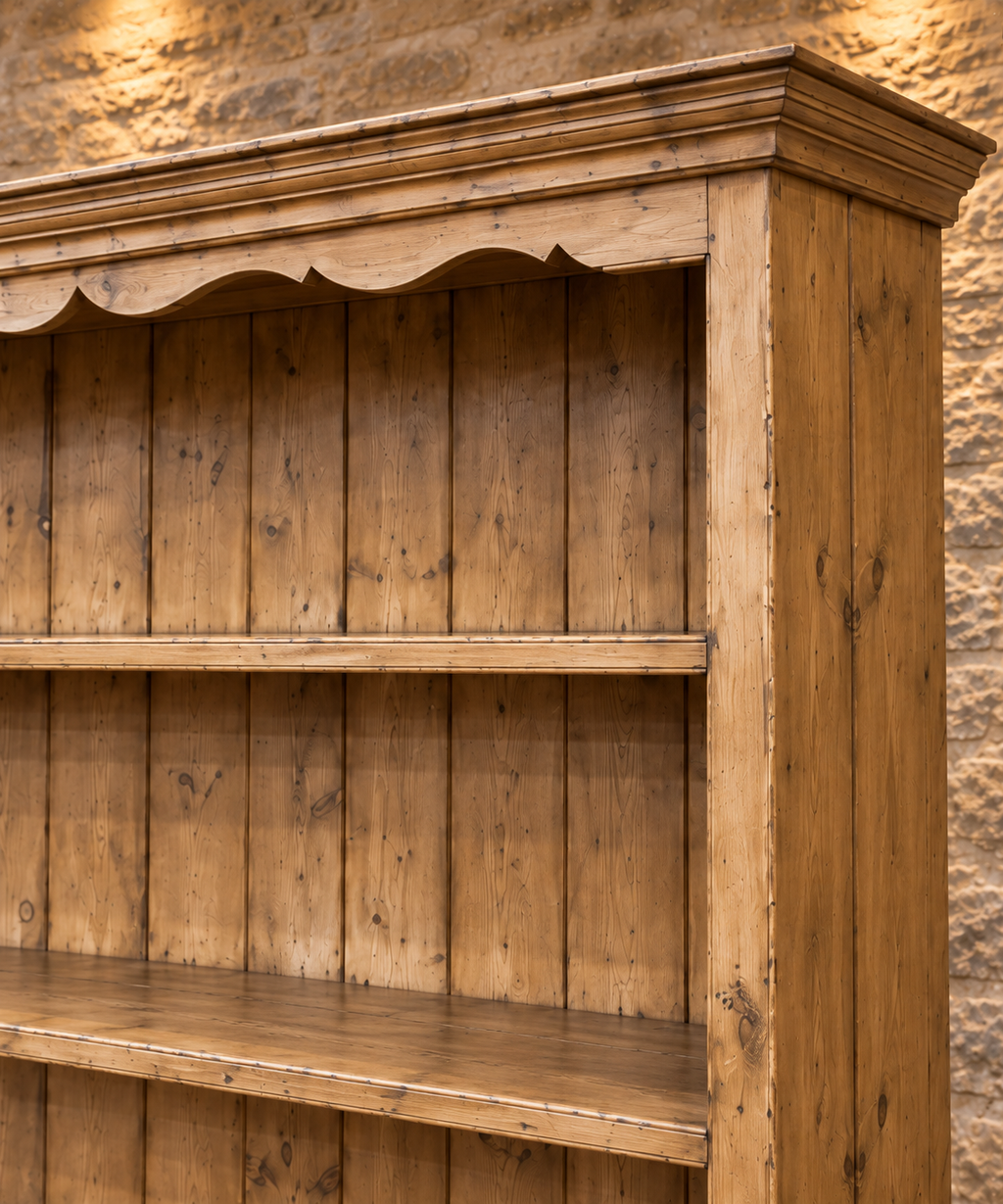 Vintage pine farmhouse dresser with scalloped canopy