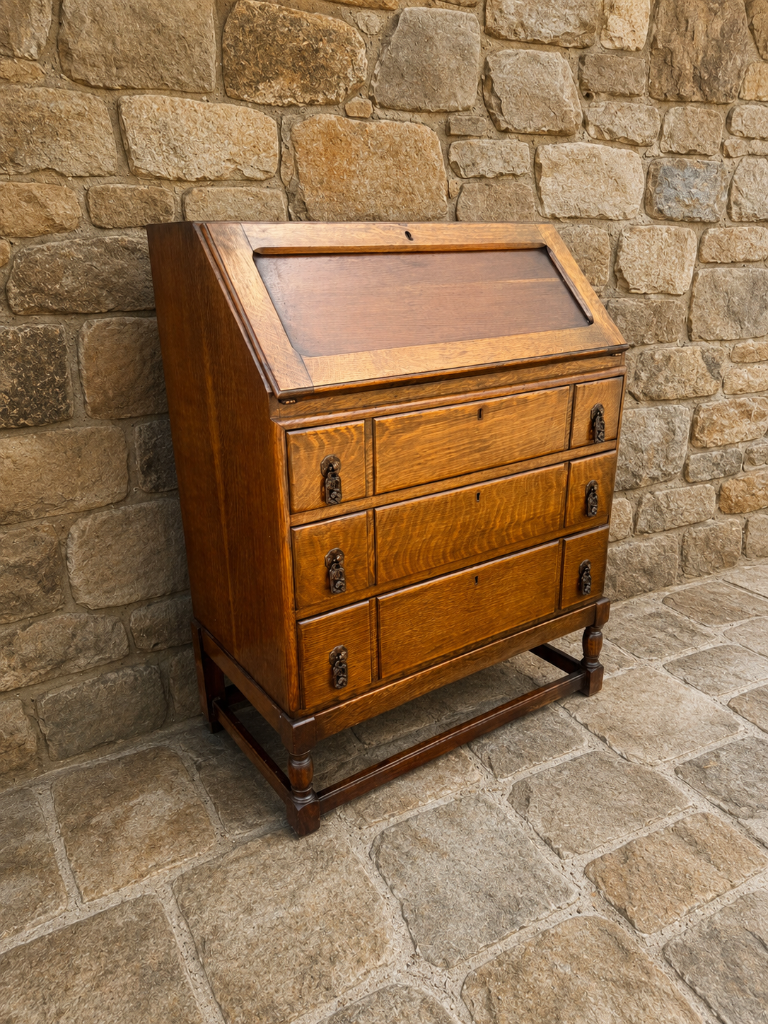 Antique Tiger Oak Bureau Desk | Victorian Fall Front Writing Bureau | Edwardian Oak Secretary Desk | Arts & Crafts Bureau