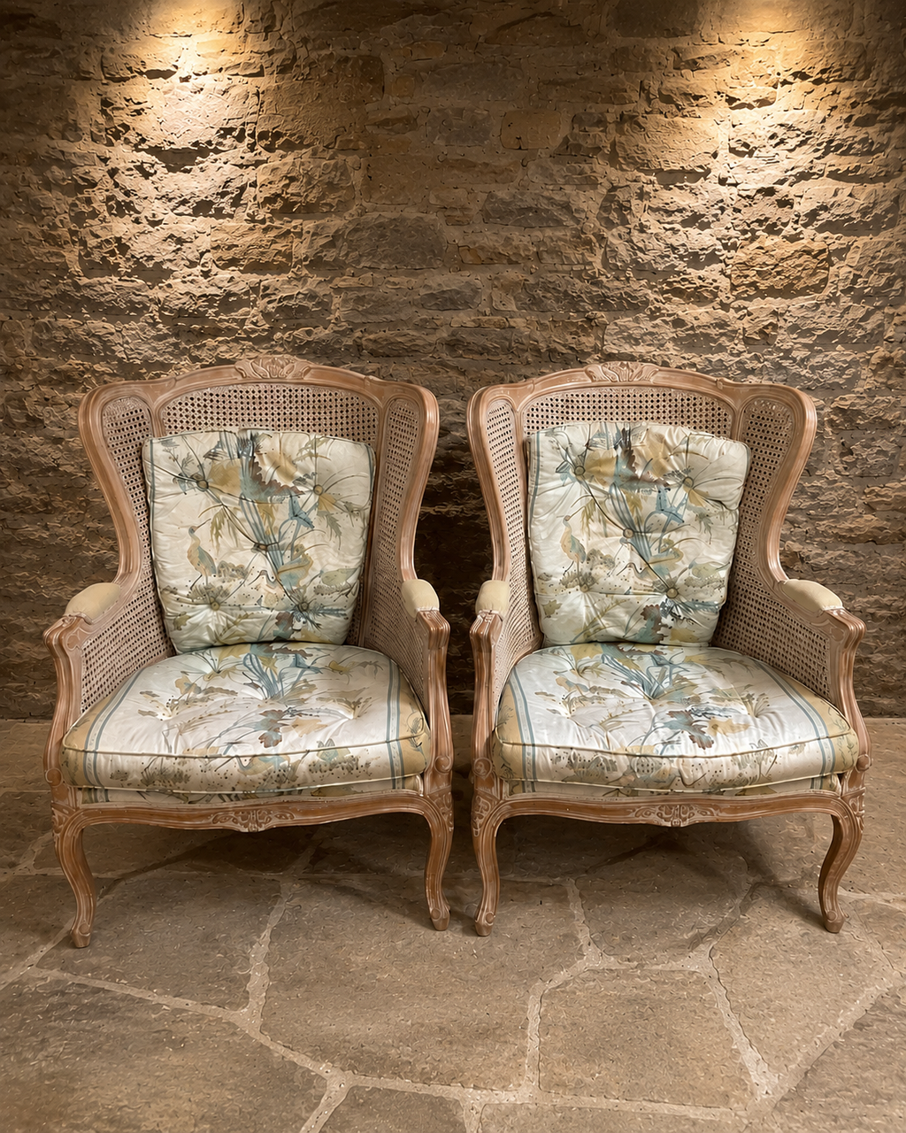Pair of French Louis XV Style Bergère Armchairs with Cane Sides & Botanical Upholstery