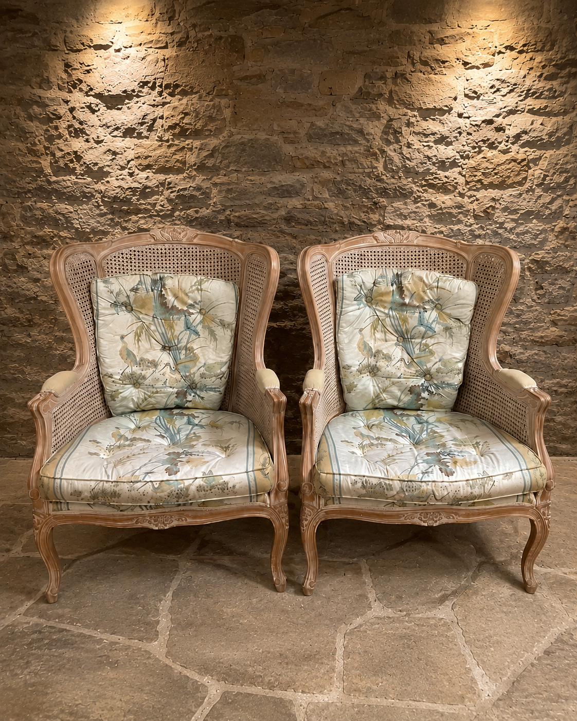 Pair of French Louis XV Style Bergère Armchairs with Cane Sides & Botanical Upholstery
