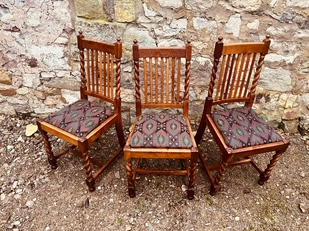 Vintage Dining Chairs – Set of 3 Oak Barley Twist Wooden Upholstered Chairs
