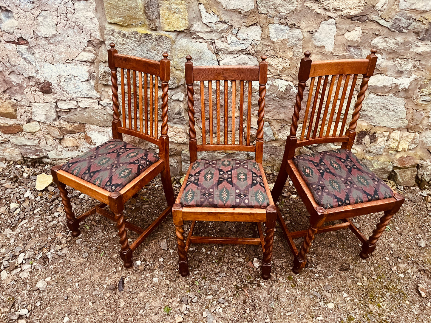 Vintage Dining Chairs – Set of 3 Oak Barley Twist Wooden Upholstered Chairs