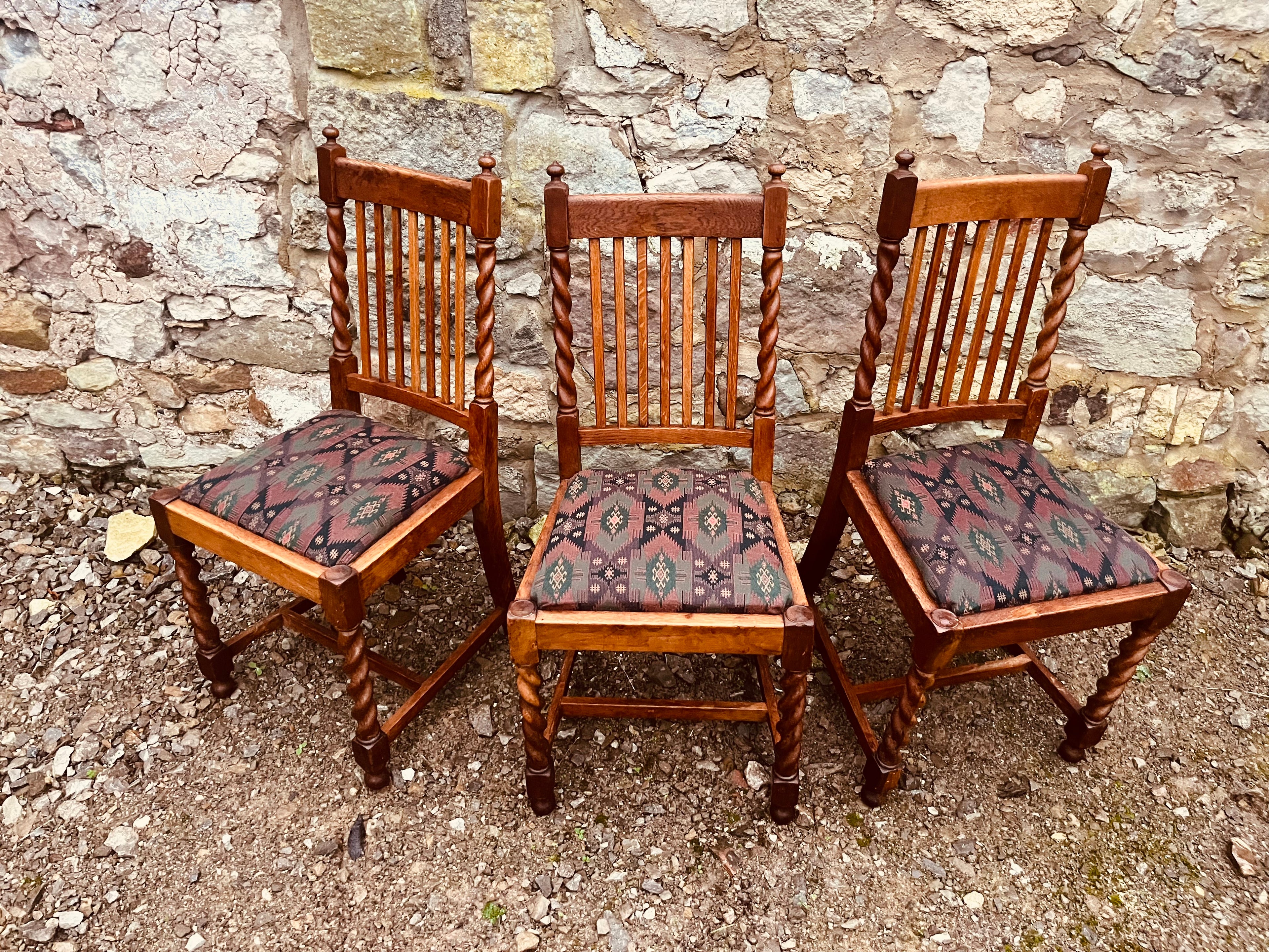 Vintage Dining Chairs – Set of 3 Oak Barley Twist Wooden Upholstered Chairs