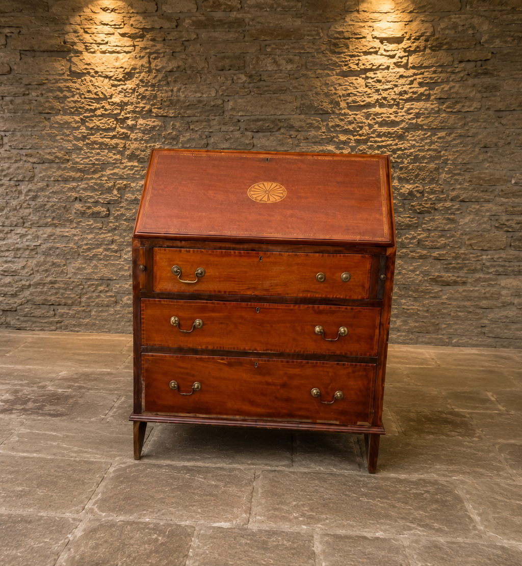Georgian Style Mahogany Bureau | Flame Mahogany Writing Desk | Satinwood Inlaid Fall Front Secretary Desk | Fitted Interior