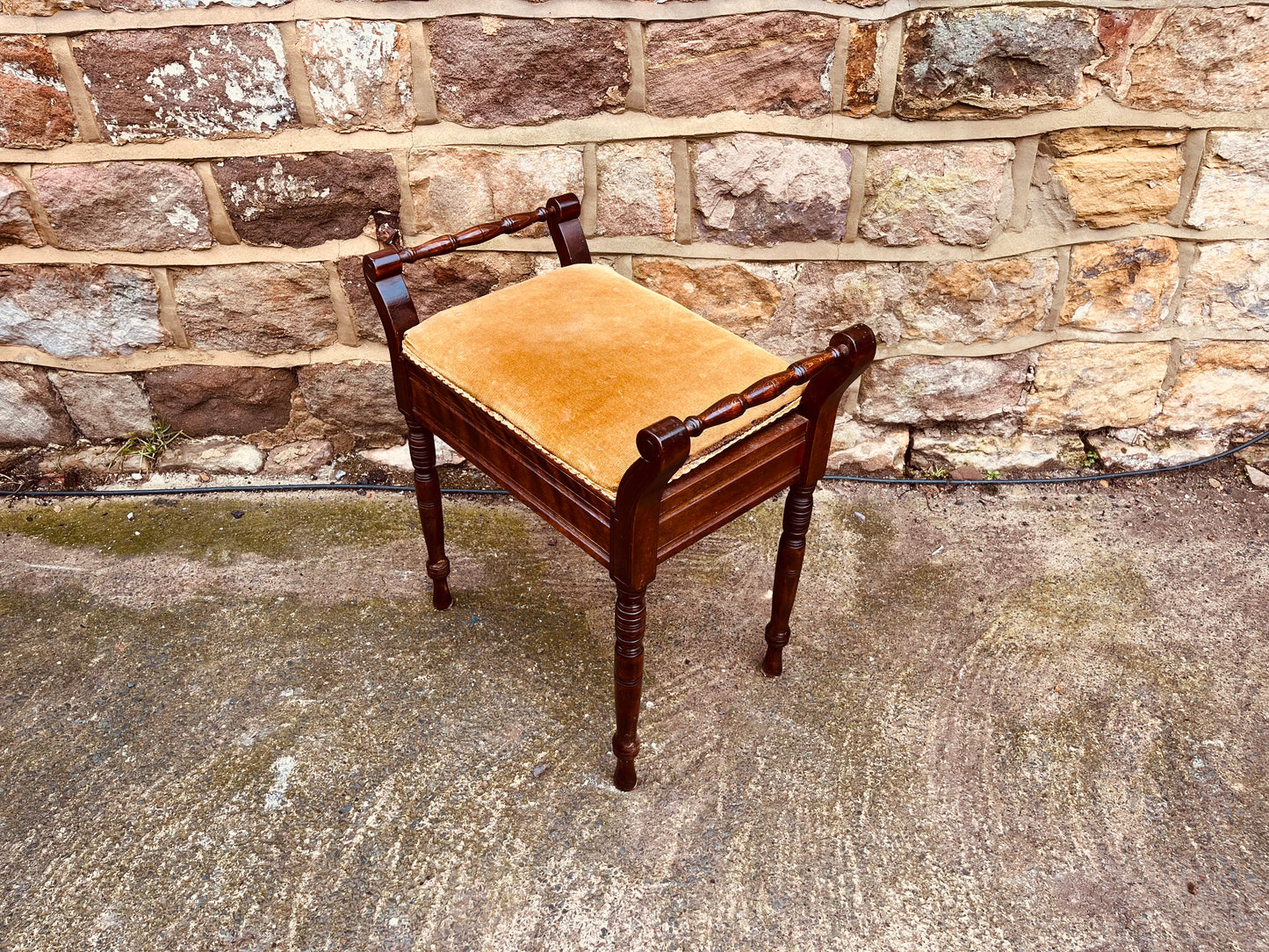 Antique-Style Mahogany Duet Stool with Upholstered Seat