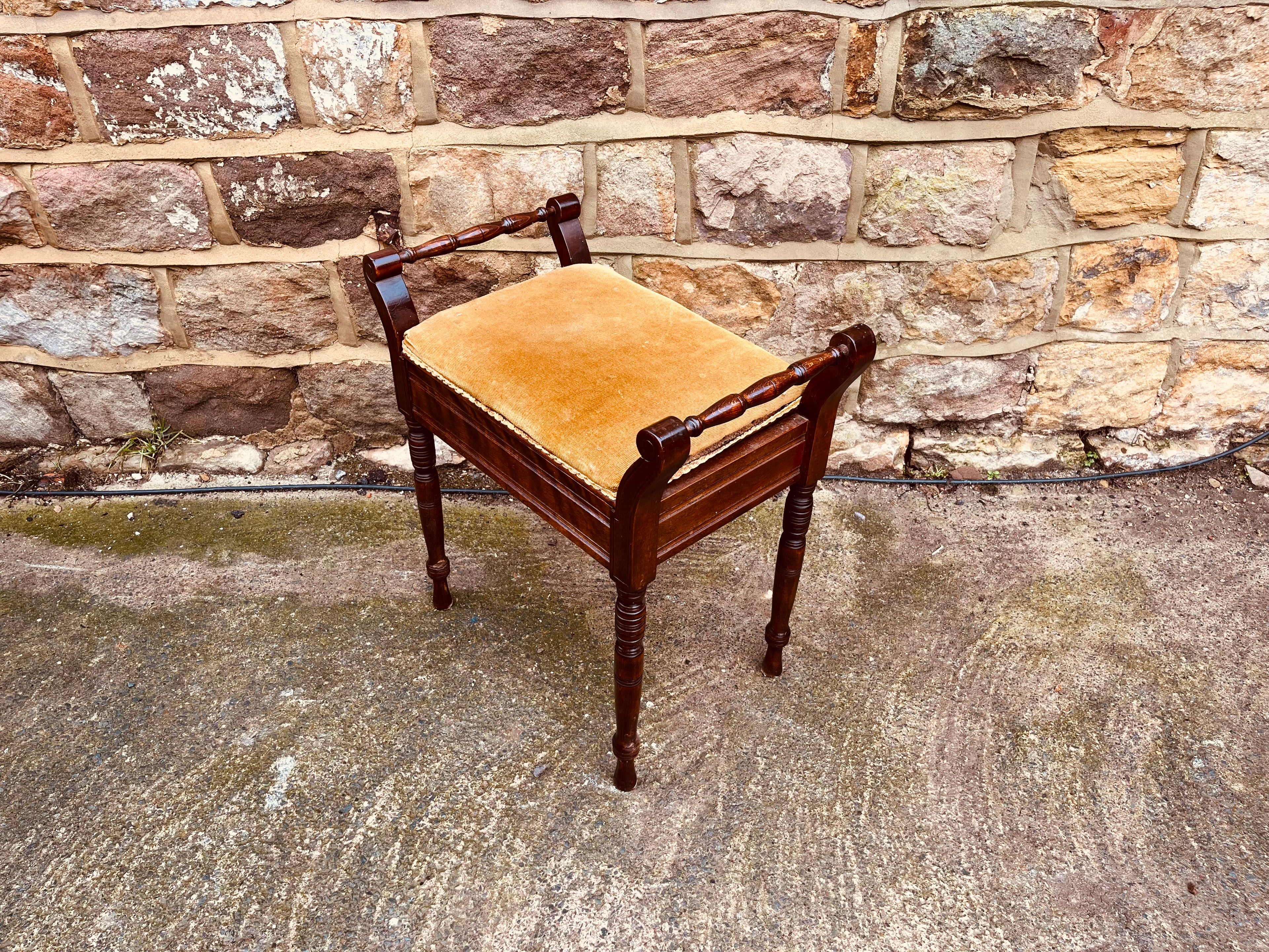 Antique-Style Mahogany Duet Stool with Upholstered Seat