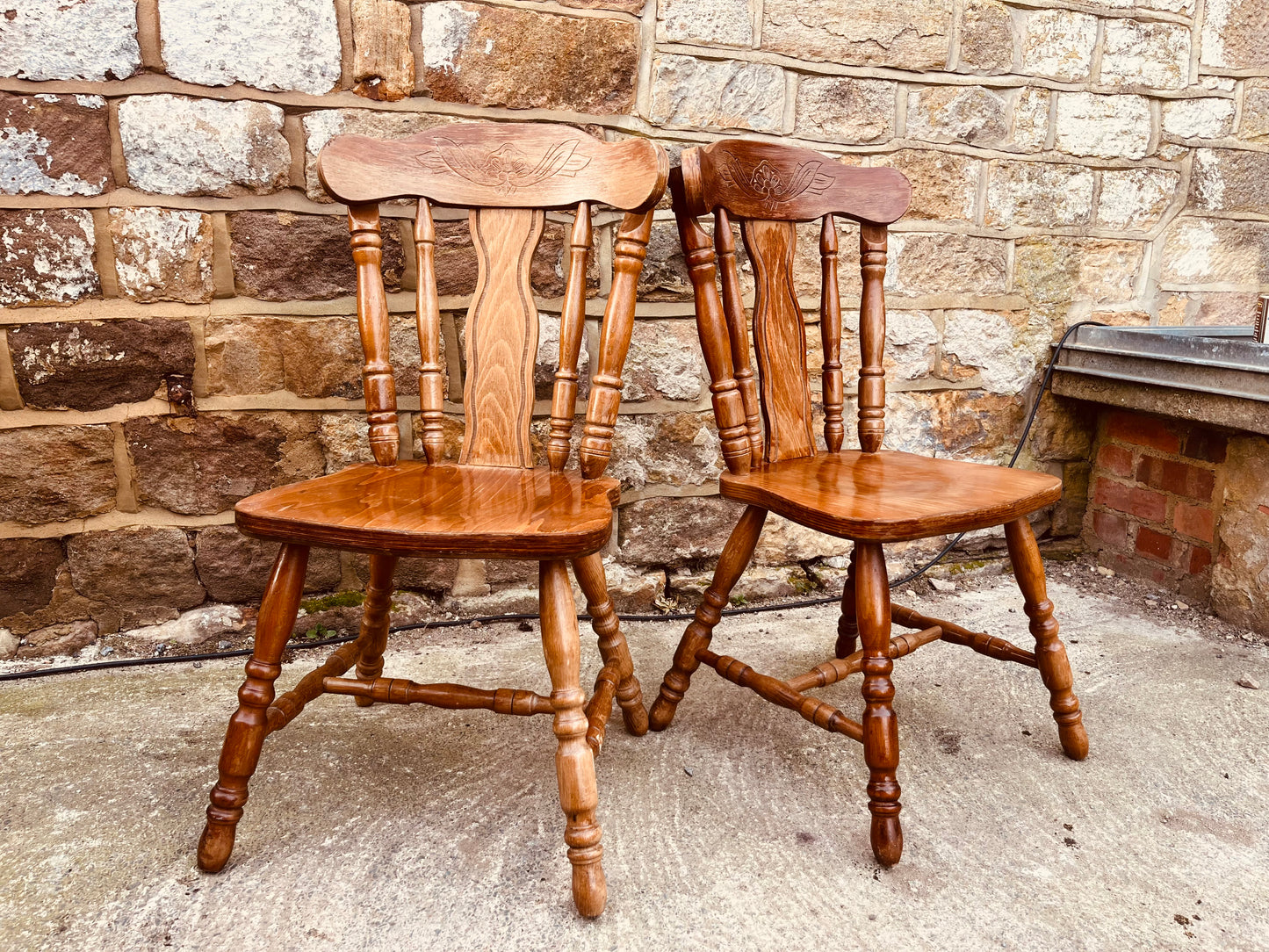 Vintage Farmhouse Solid Wood Kitchen Chairs – Pair of Rustic Country Dining Chairs