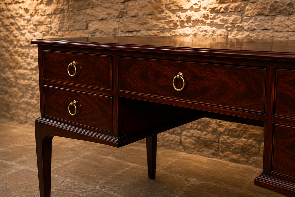 Traditional Burr Veneer Partner Style Office Desk | Executive Six Drawer Writing Desk