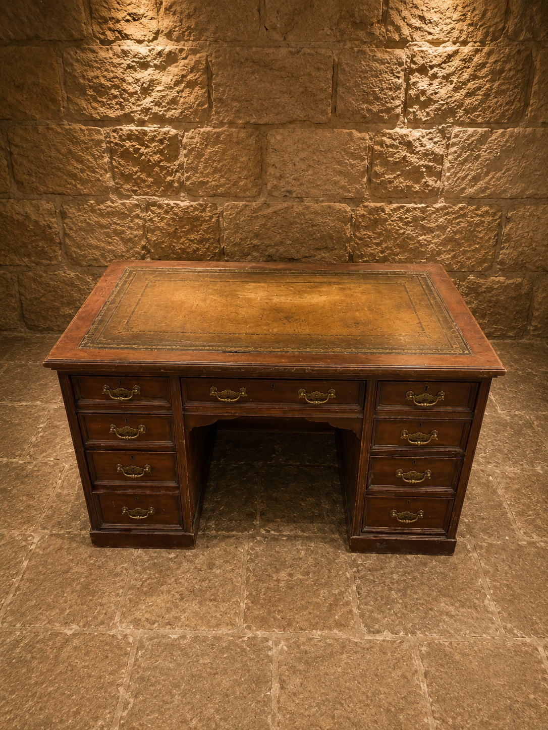 Antique Late Victorian Mahogany Pedestal Desk with Gilt Tooled Leather Writing Surface