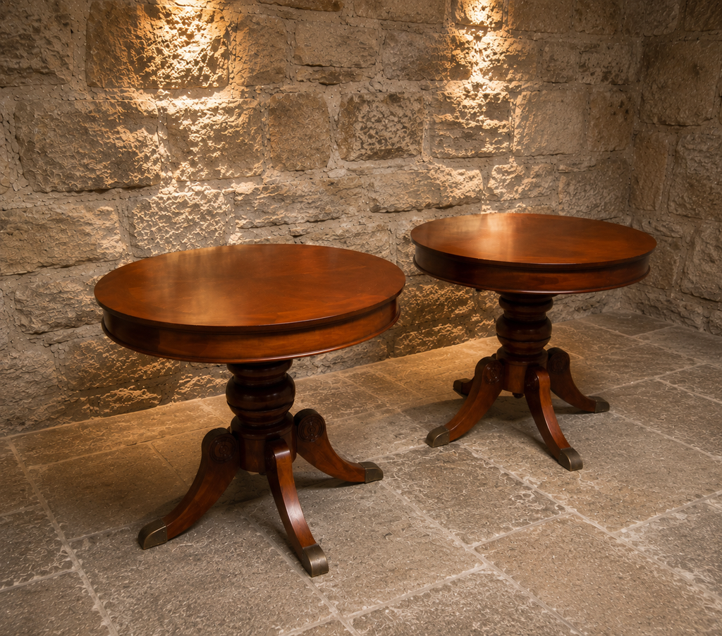 Pair of Regency Style Mahogany Lamp Tables – Vintage Round Pedestal Side Tables