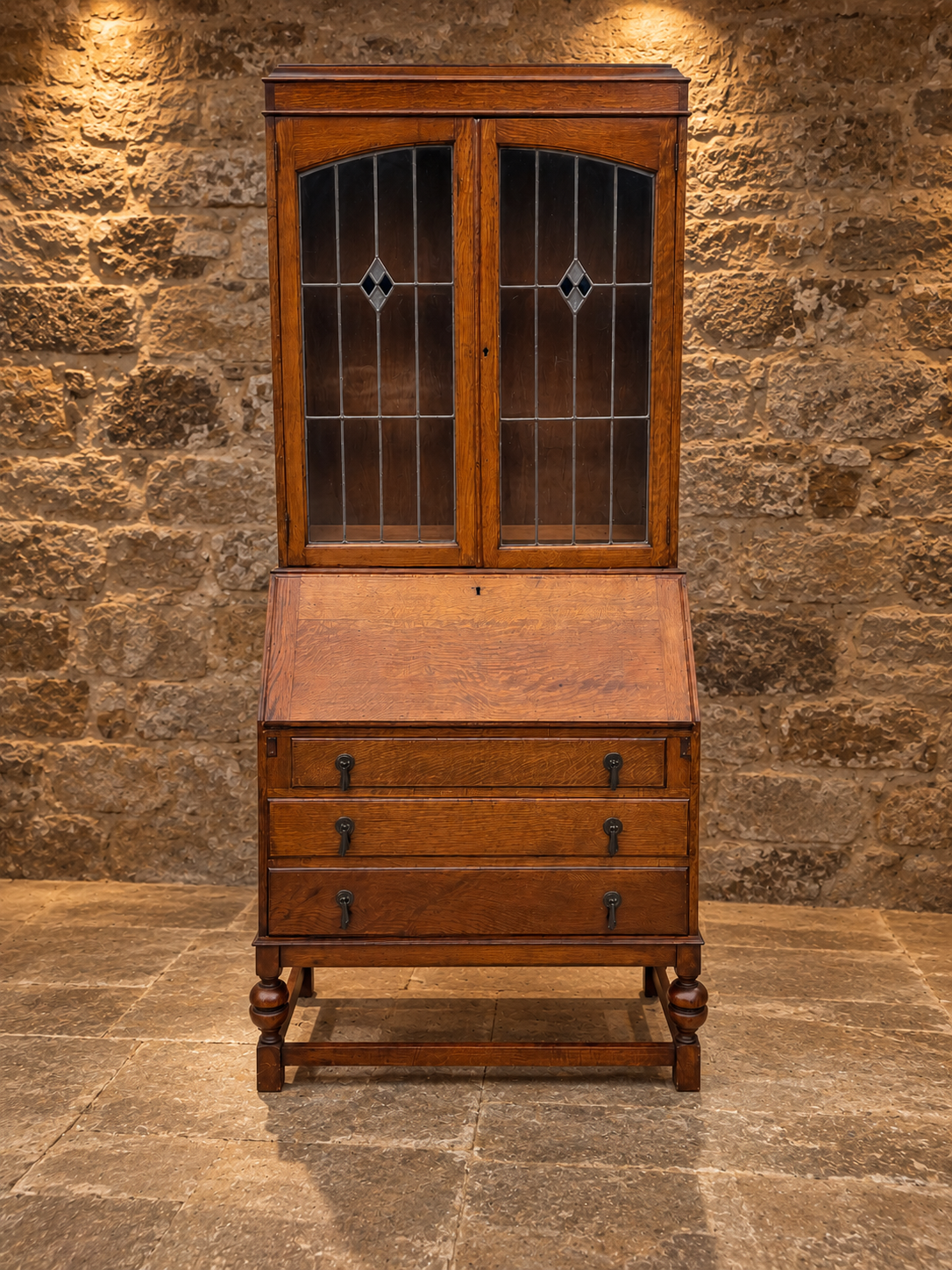 Antique Oak Bureau Bookcase with Leaded Glass Doors – c.1920