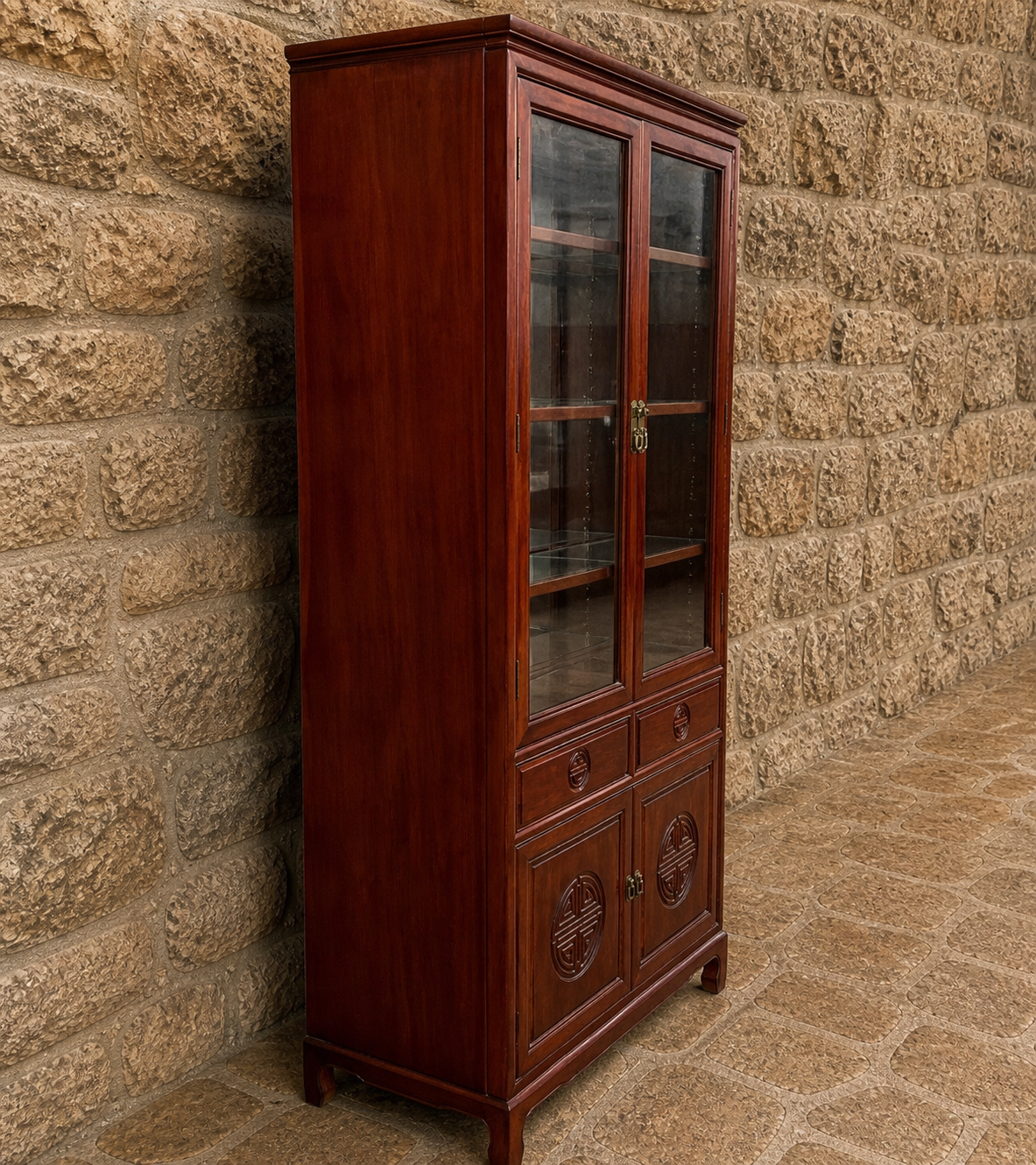 Chinese Hardwood Display Cabinet with Glazed Doors & Storage