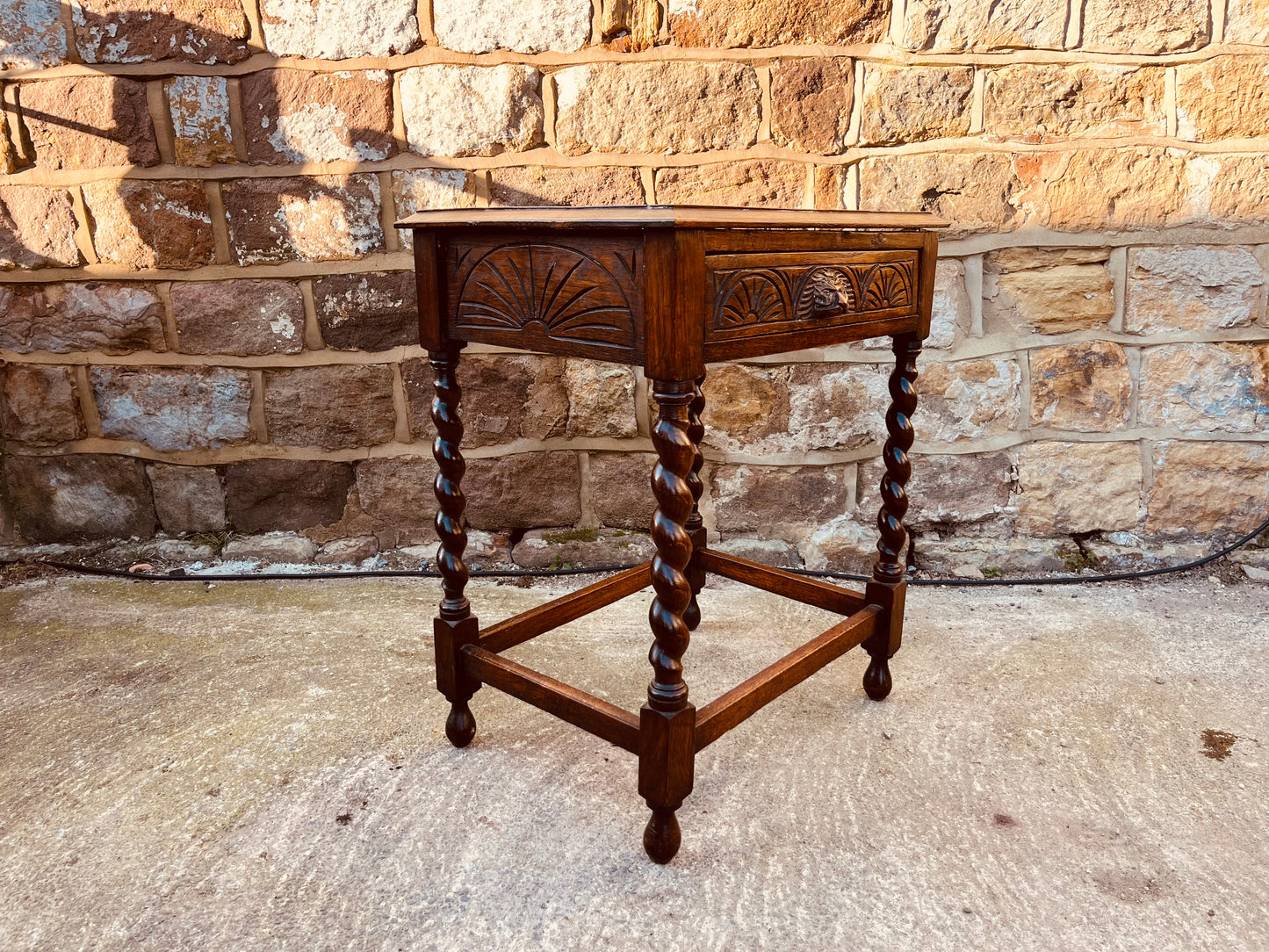 Antique Oak Barley Twist Side Table – Carved Drawer – Jacobean Revival Circa 1920s