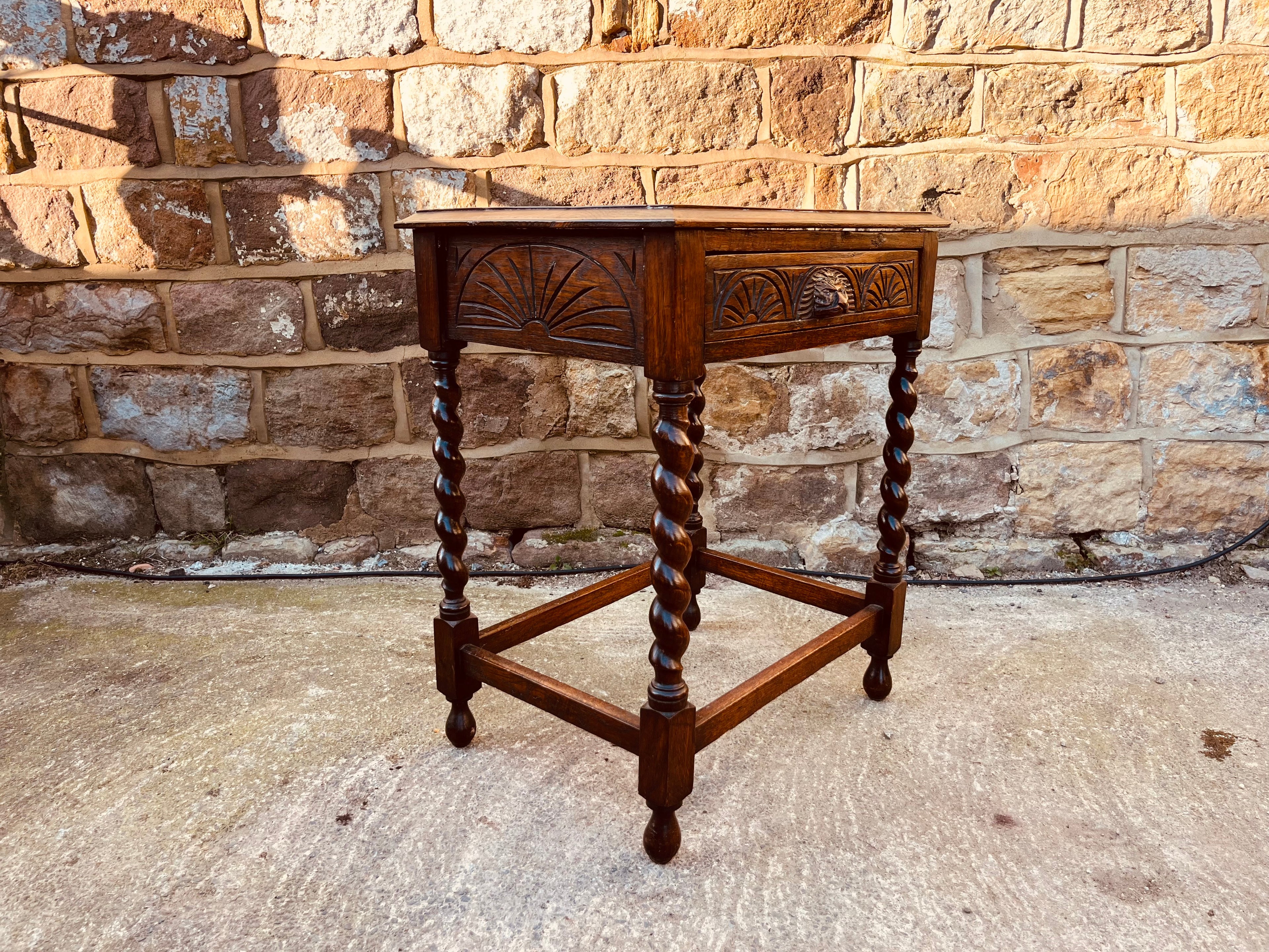 Antique Oak Barley Twist Side Table – Carved Drawer – Jacobean Revival Circa 1920s